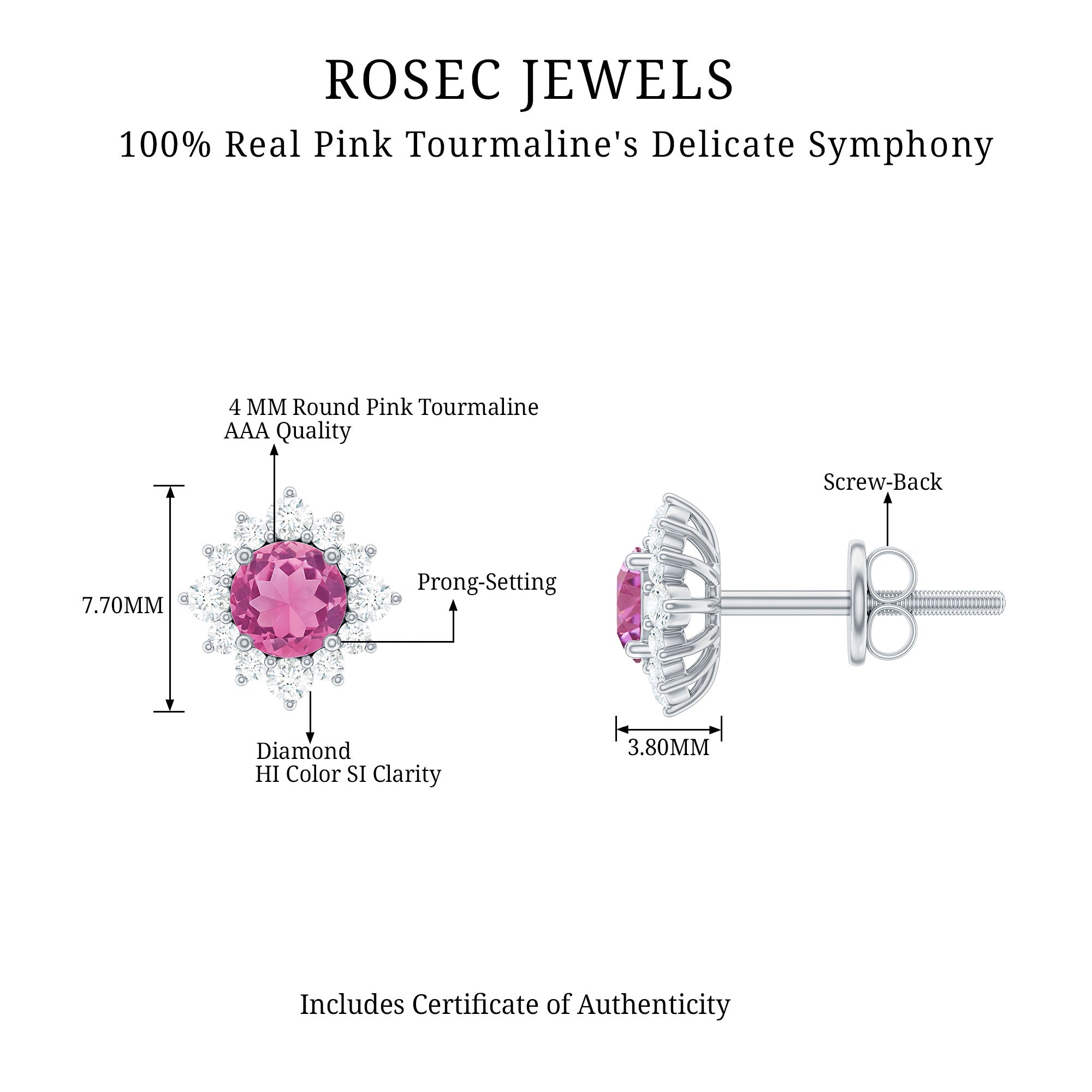 Pink Tourmaline Earrings – Round Cut AAA Tourmaline Stud Earrings with Diamond Halo