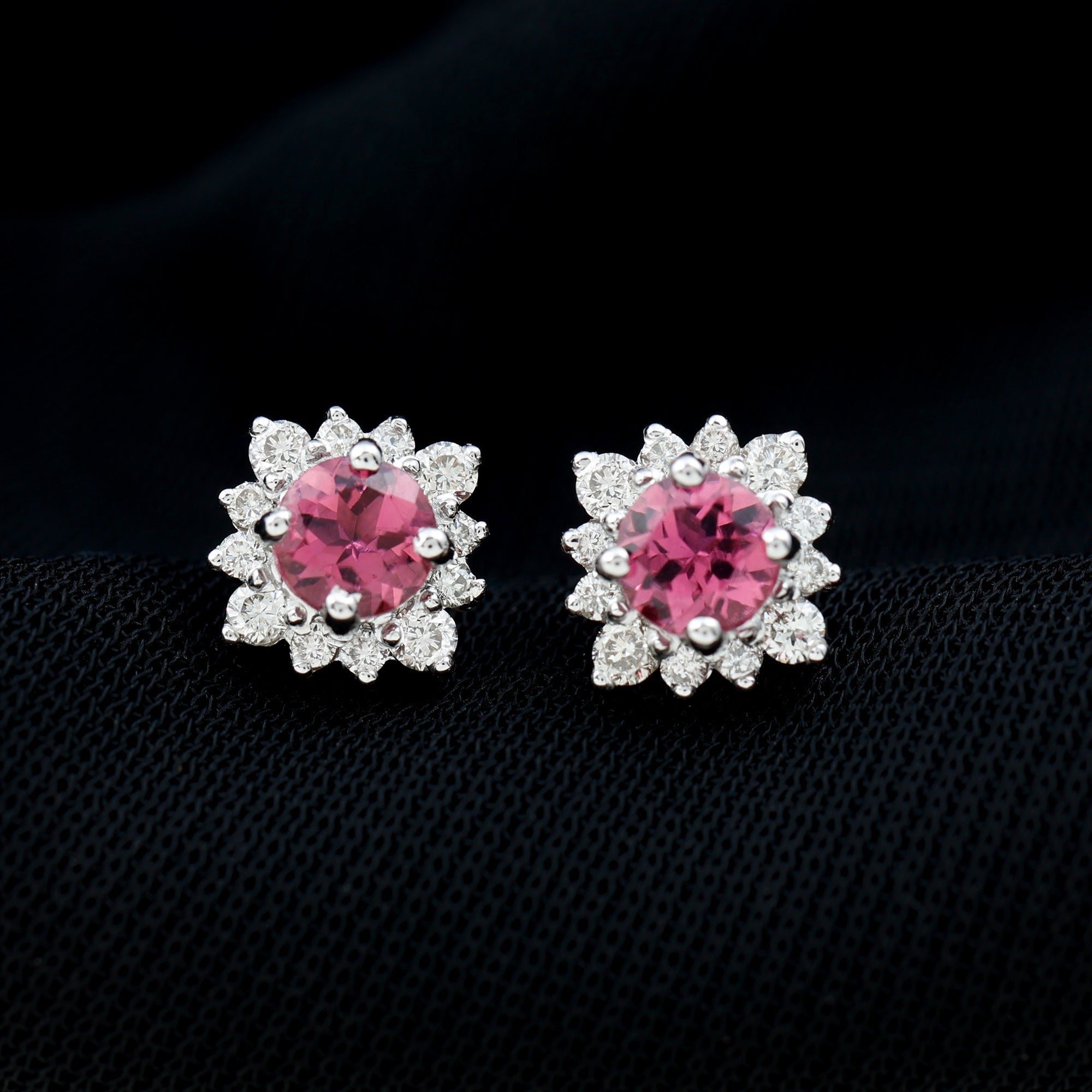 Pink Tourmaline Earrings – Round Cut AAA Tourmaline Stud Earrings with Diamond Halo