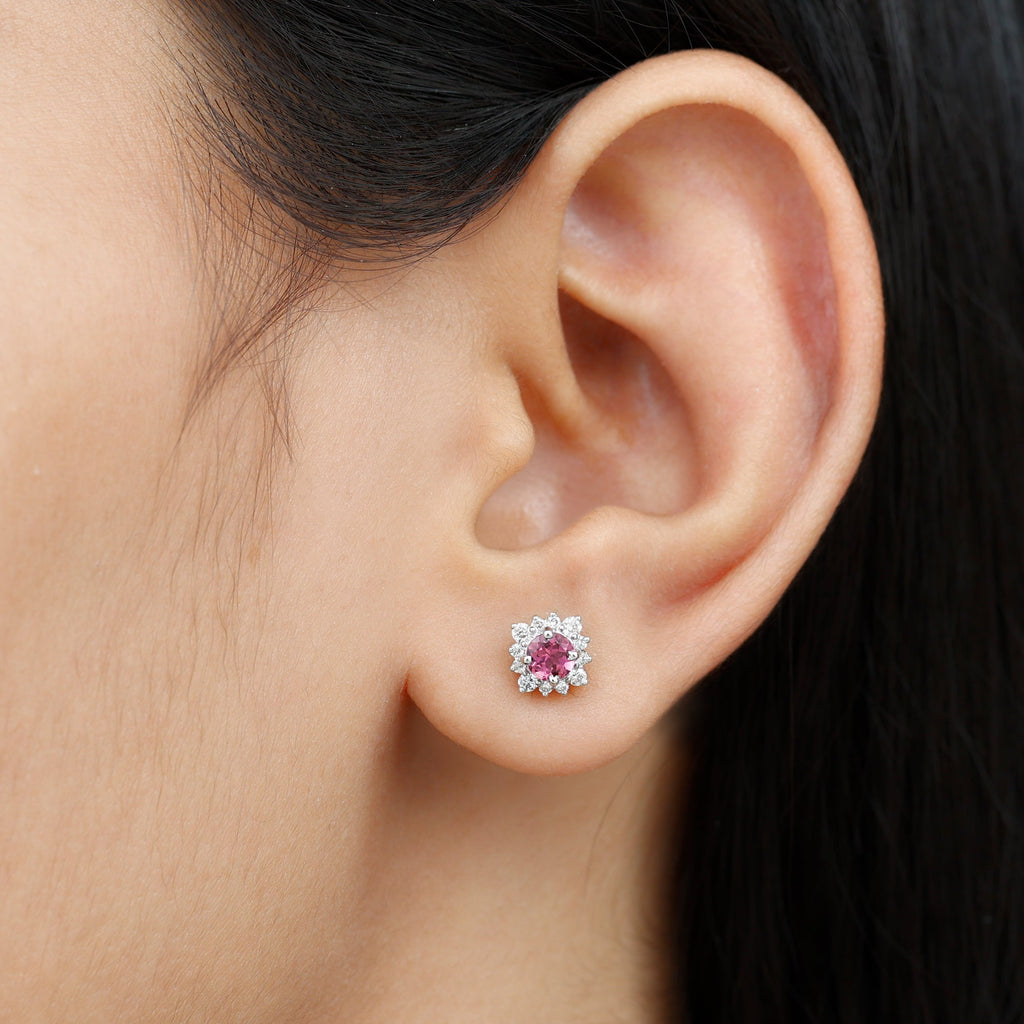 Pink Tourmaline Earrings – Round Cut AAA Tourmaline Stud Earrings with Diamond Halo