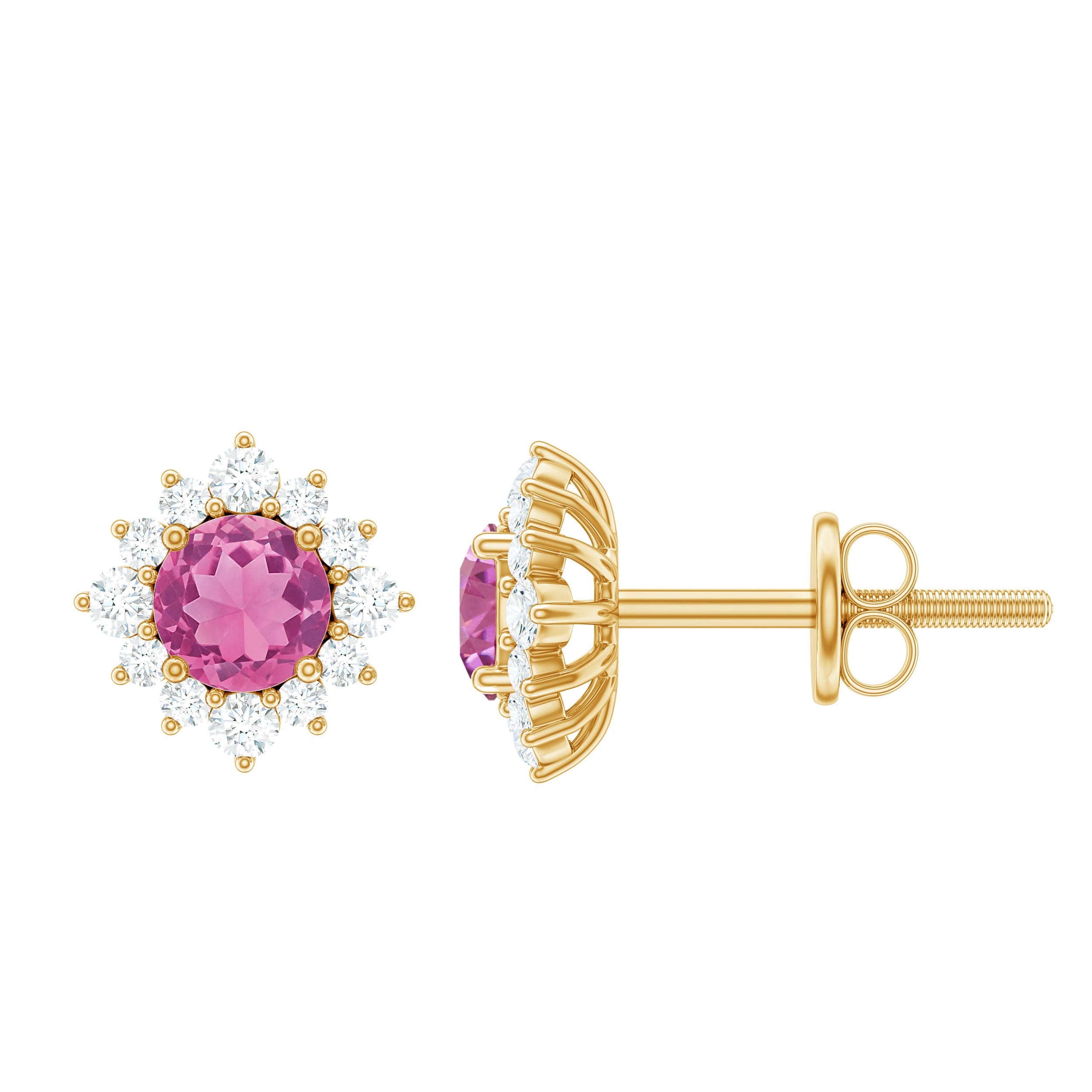Pink Tourmaline Earrings – Round Cut AAA Tourmaline Stud Earrings with Diamond Halo