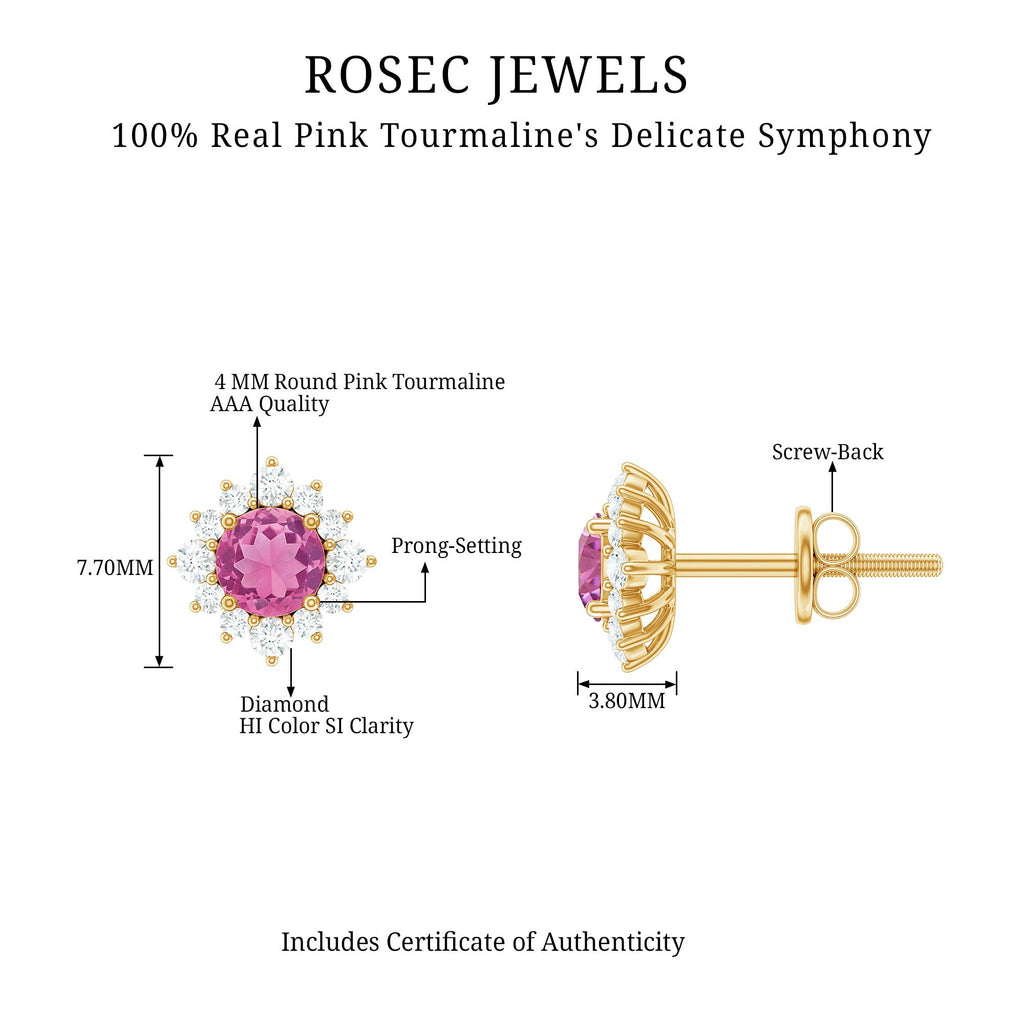 Pink Tourmaline Earrings – Round Cut AAA Tourmaline Stud Earrings with Diamond Halo