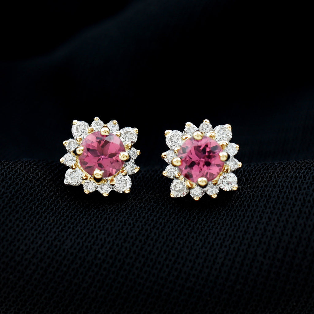 Pink Tourmaline Earrings – Round Cut AAA Tourmaline Stud Earrings with Diamond Halo
