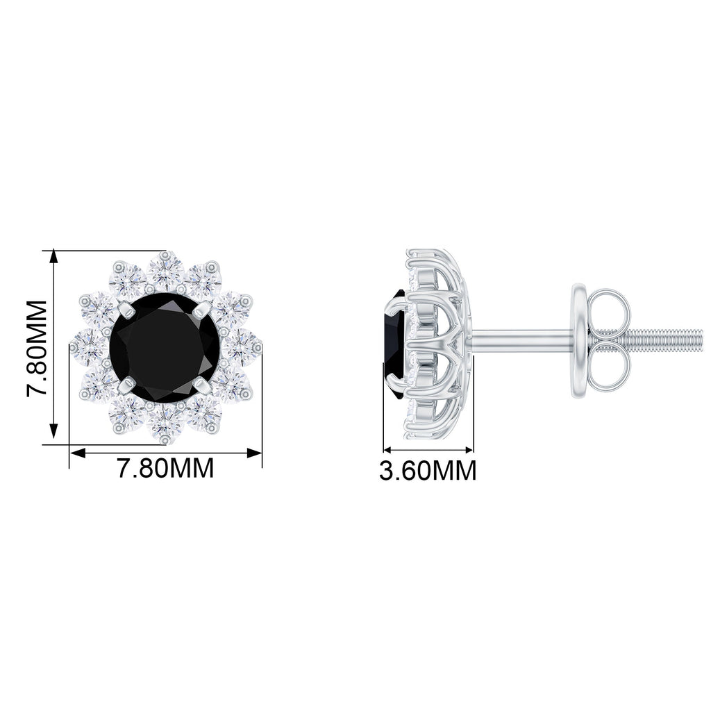Black Spinel Earrings – Classic Halo Stud Earrings in Solid Gold Prong Setting