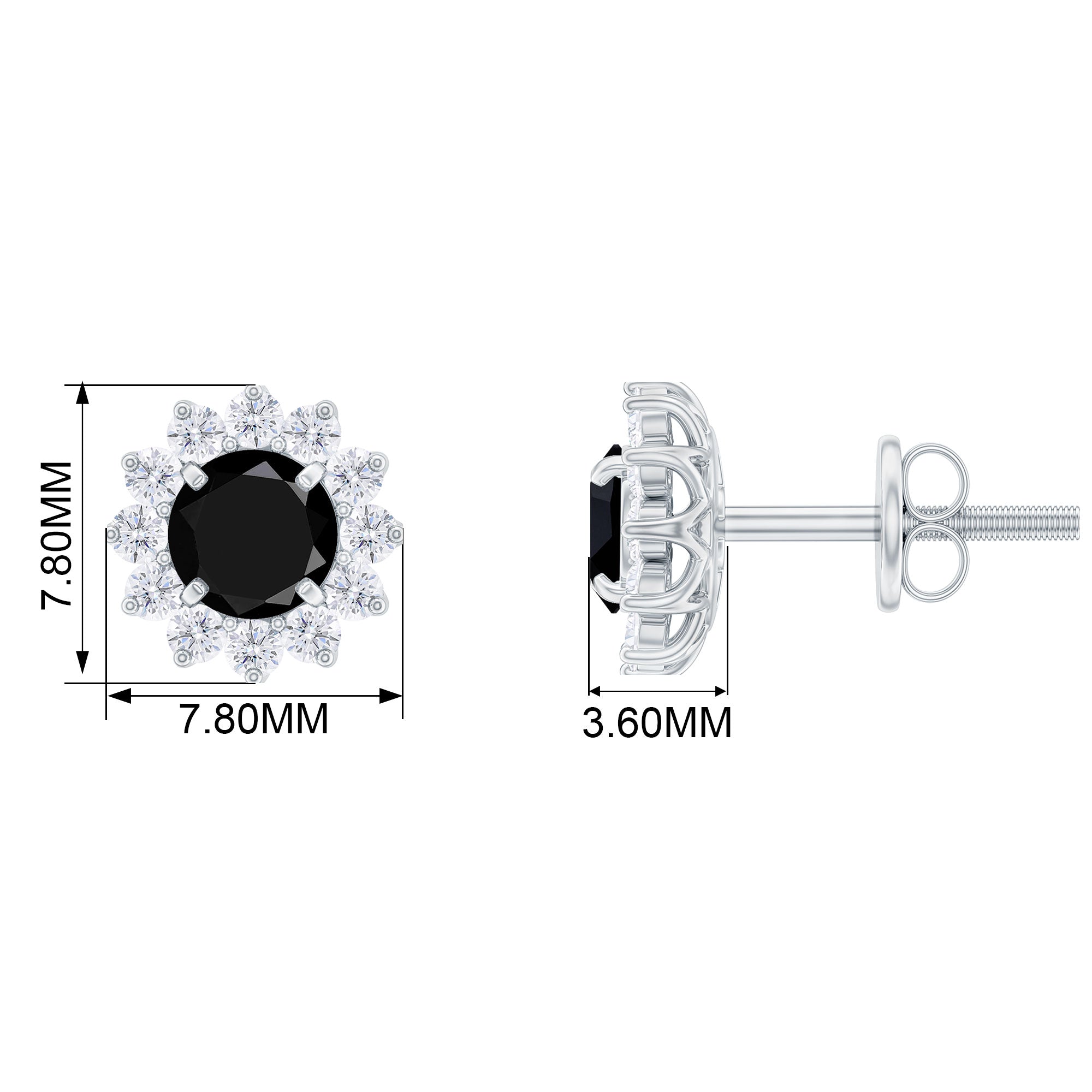 Black Spinel Earrings – Classic Halo Stud Earrings in Solid Gold Prong Setting