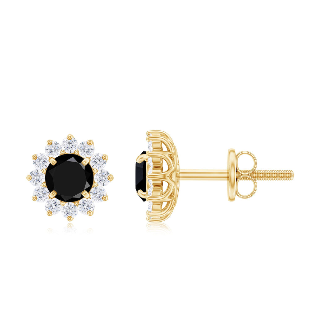 Black Spinel Earrings – Classic Halo Stud Earrings in Solid Gold Prong Setting