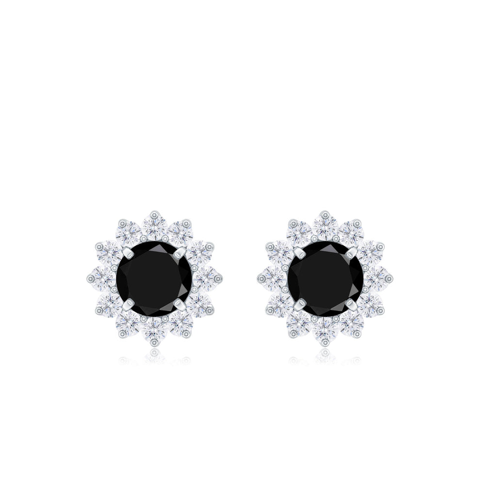 Black Spinel Earrings – Classic Halo Stud Earrings in Solid Gold Prong Setting