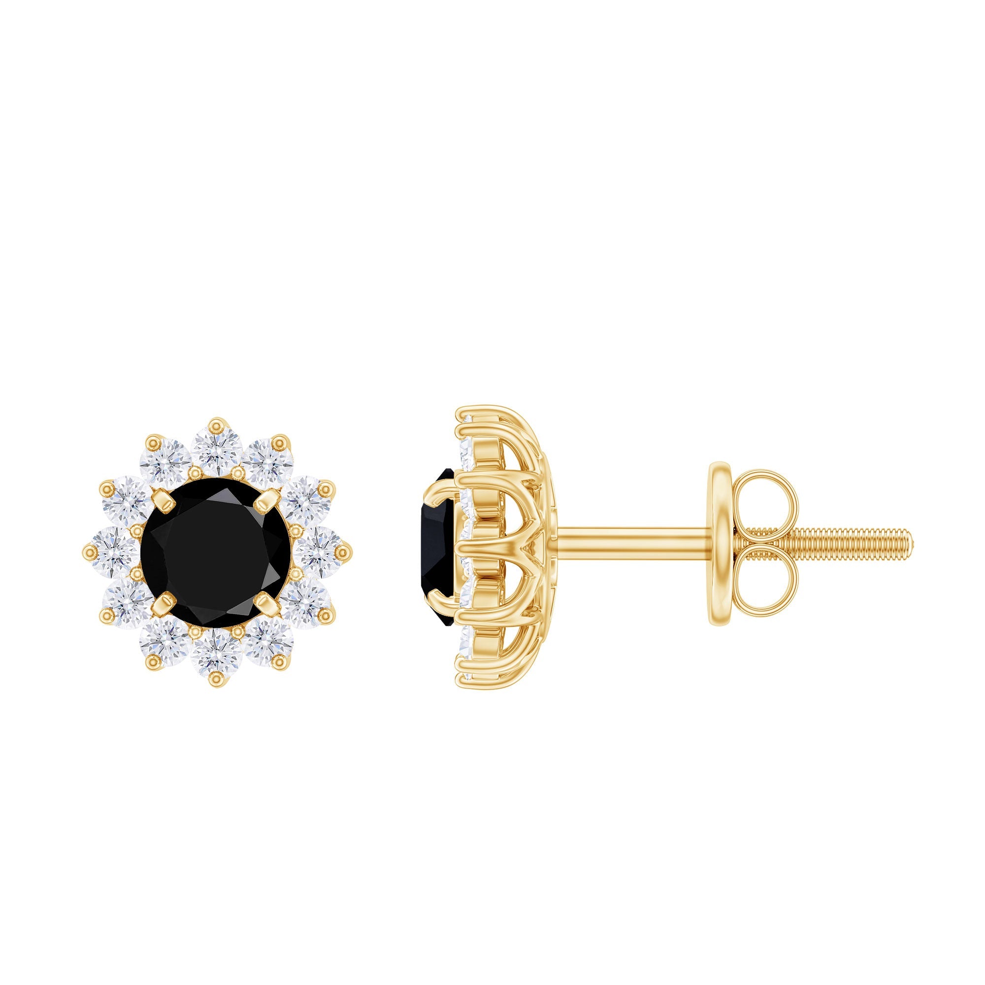 Black Spinel Earrings – Classic Halo Stud Earrings in Solid Gold Prong Setting