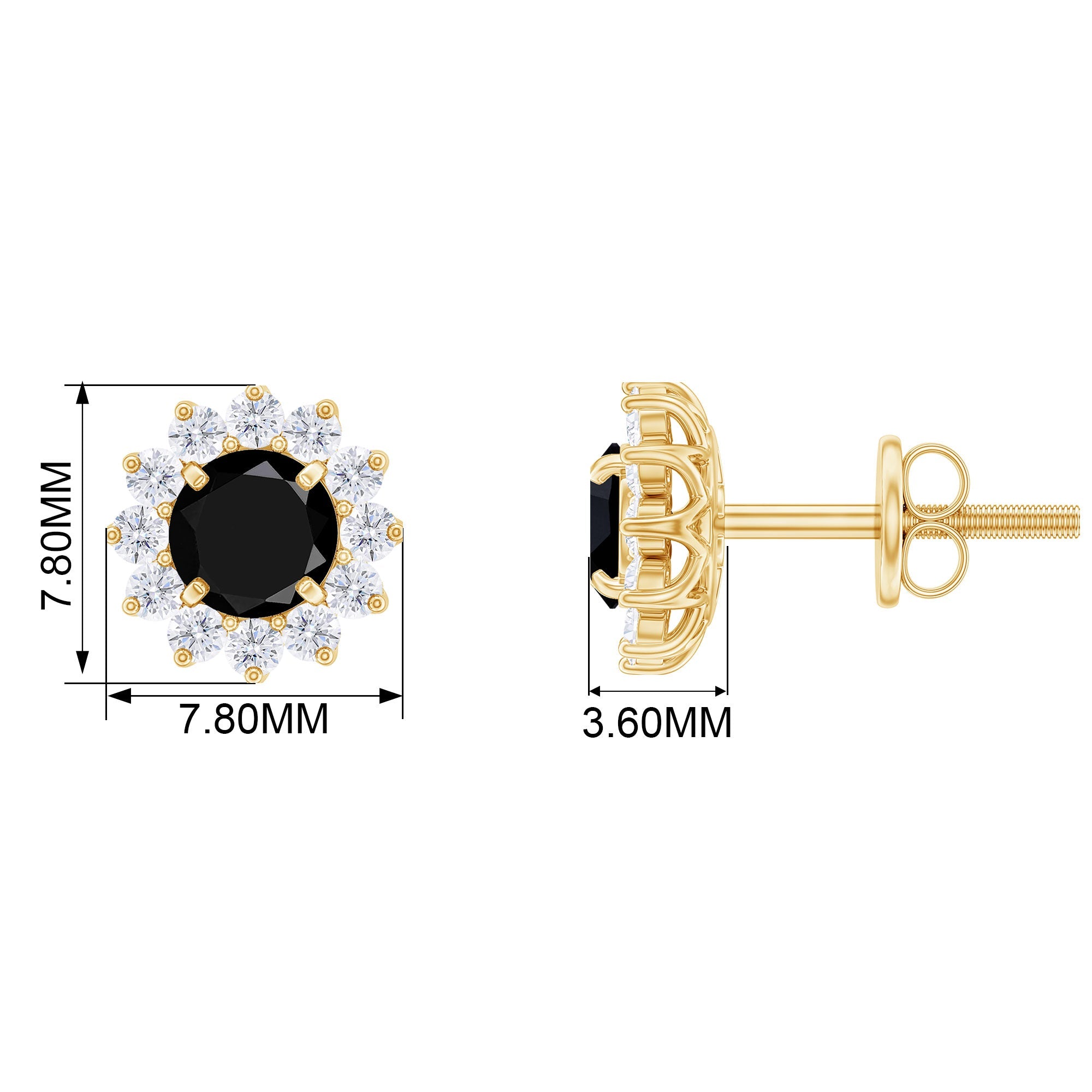 Black Spinel Earrings – Classic Halo Stud Earrings in Solid Gold Prong Setting