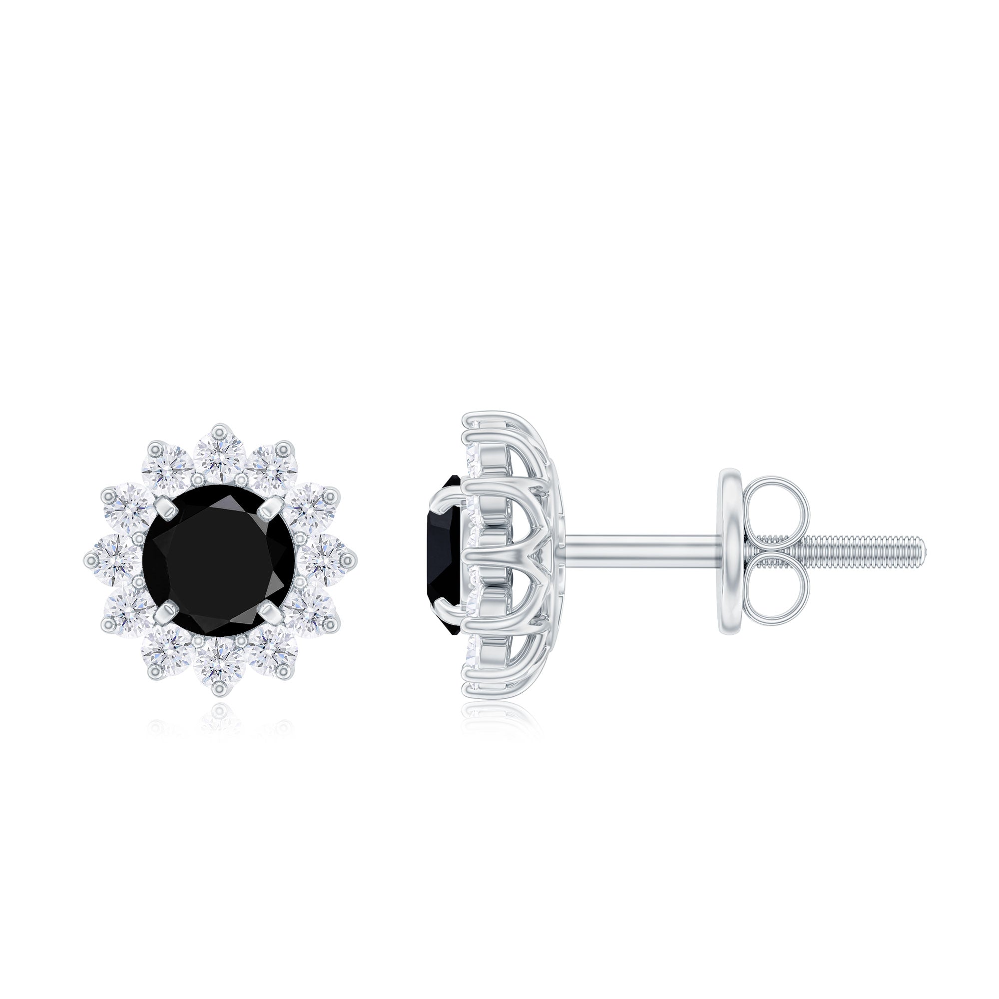 Black Spinel Earrings – Classic Halo Stud Earrings in Solid Gold Prong Setting