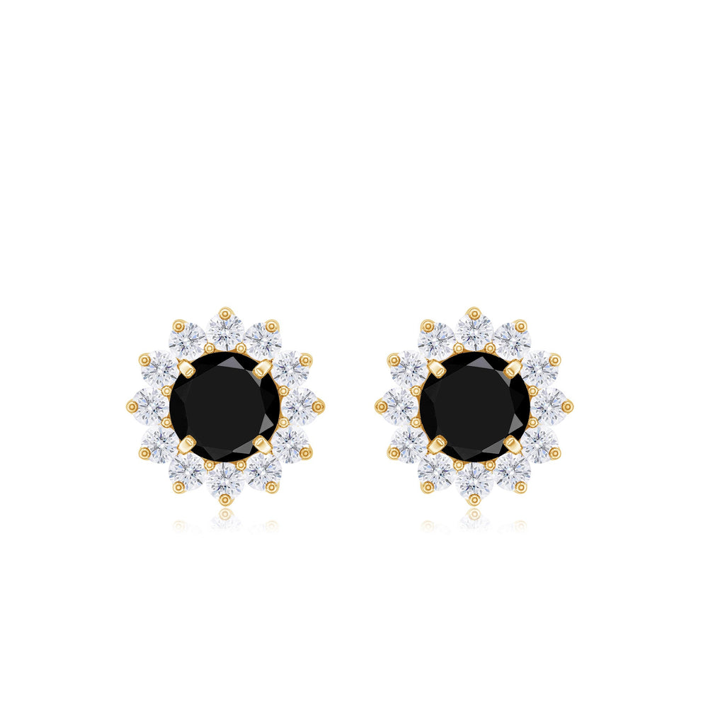 Black Spinel Earrings – Classic Halo Stud Earrings in Solid Gold Prong Setting