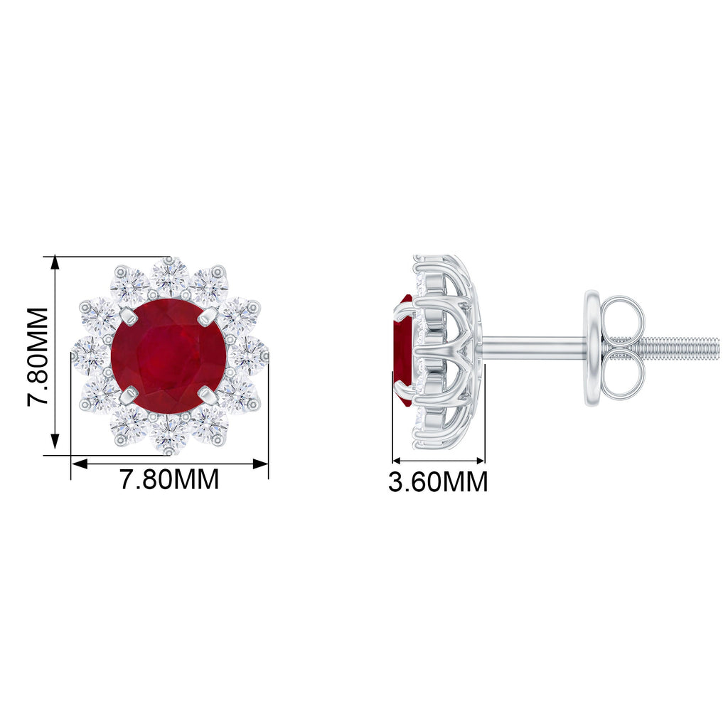 Ruby Stud Earrings – Classic Halo Diamond Earrings with Round Cut Ruby Gemstone