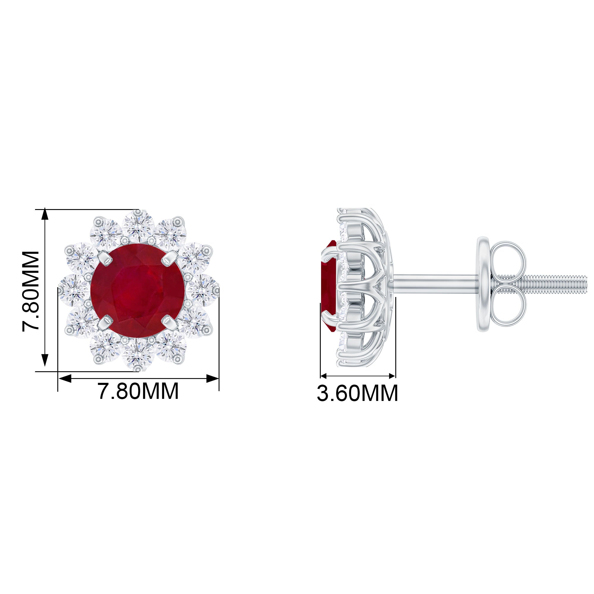 Ruby Stud Earrings – Classic Halo Diamond Earrings with Round Cut Ruby Gemstone