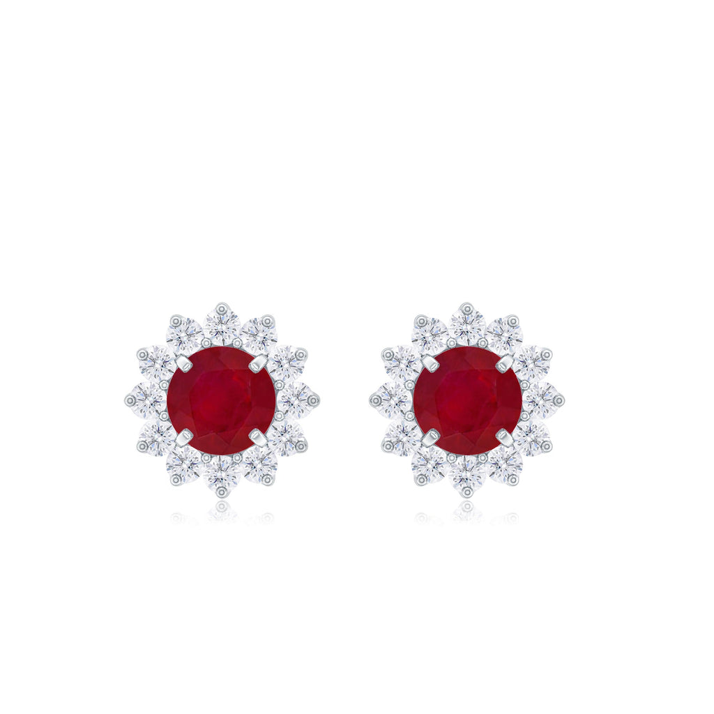 Ruby Stud Earrings – Classic Halo Diamond Earrings with Round Cut Ruby Gemstone
