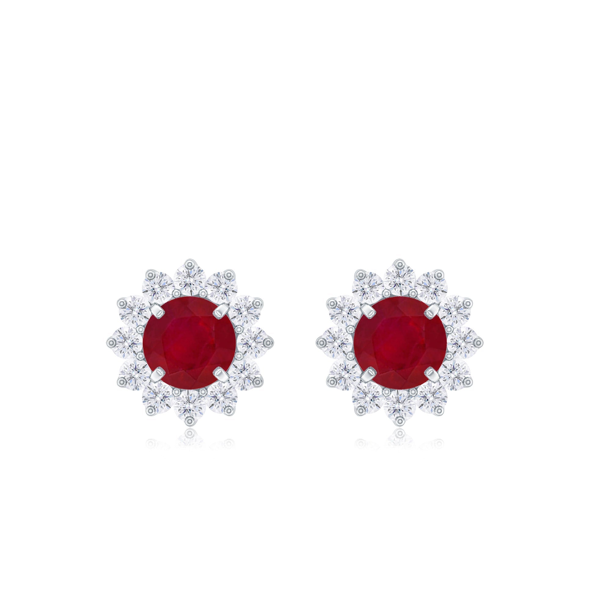 Ruby Stud Earrings – Classic Halo Diamond Earrings with Round Cut Ruby Gemstone