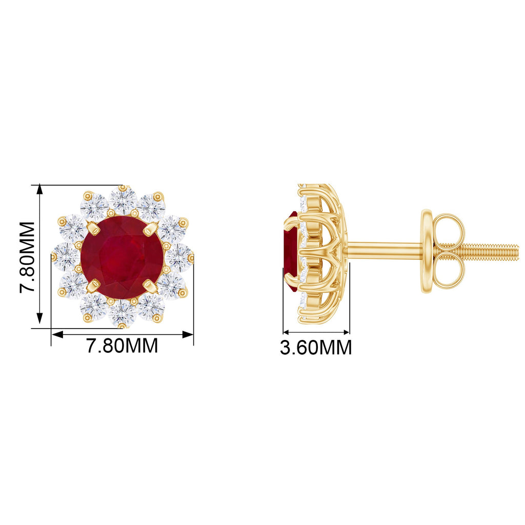 Ruby Stud Earrings – Classic Halo Diamond Earrings with Round Cut Ruby Gemstone