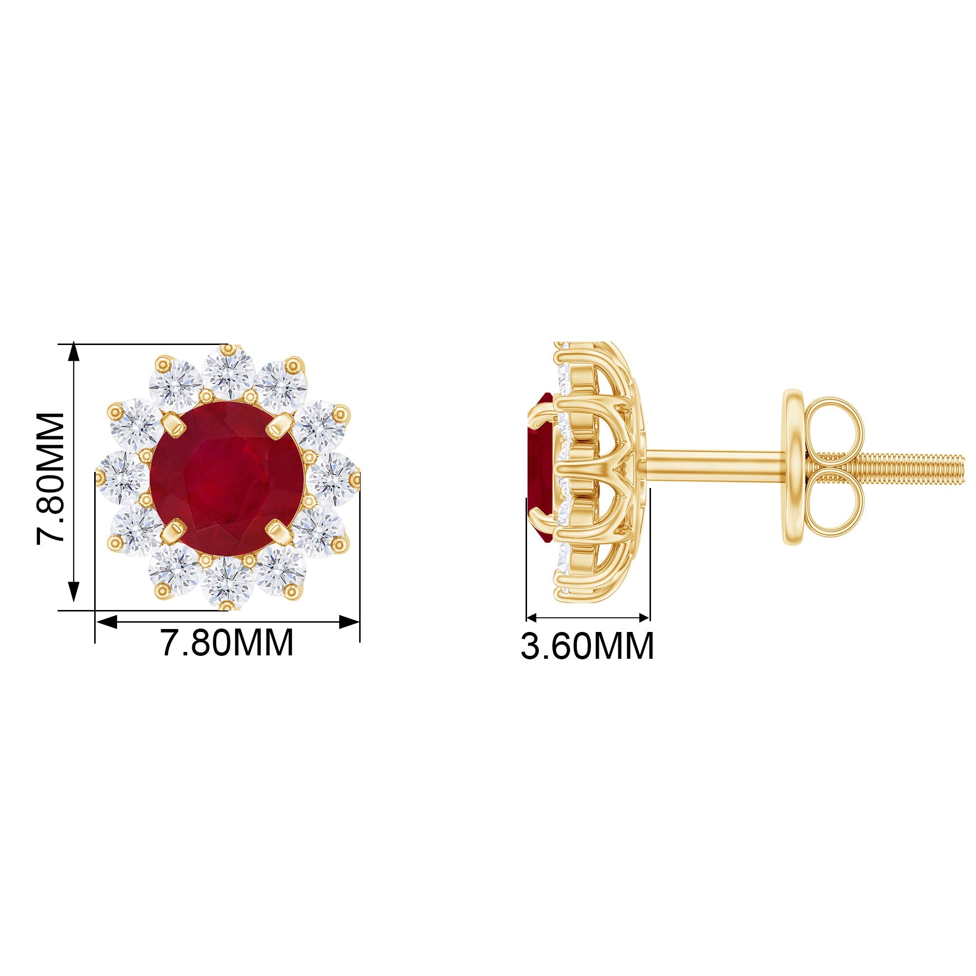 Ruby Stud Earrings – Classic Halo Diamond Earrings with Round Cut Ruby Gemstone