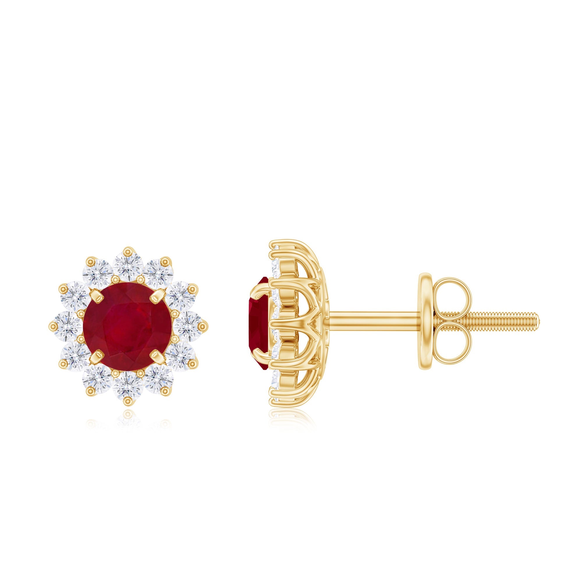 Ruby Stud Earrings – Classic Halo Diamond Earrings with Round Cut Ruby Gemstone