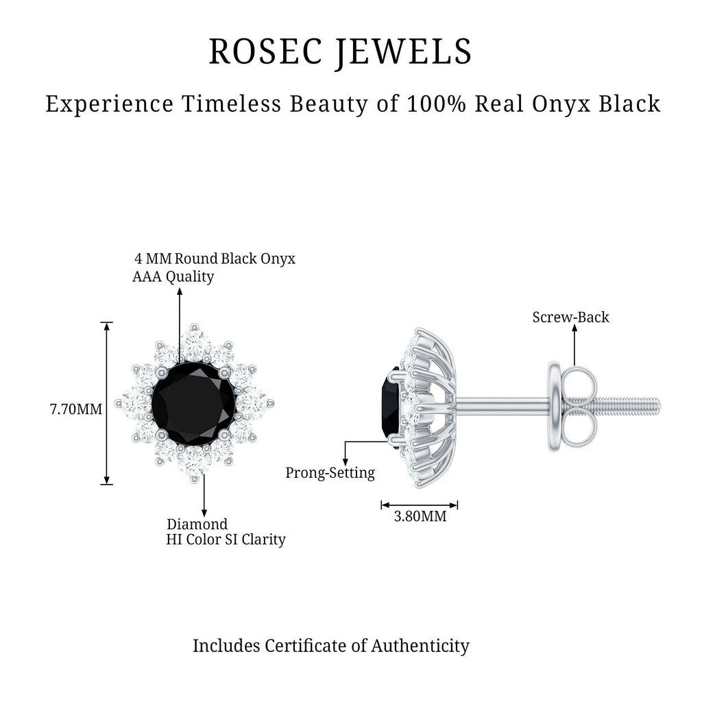 Black Onyx Stud Earrings – Diamond Halo Earrings | Classic Prong Setting Studs