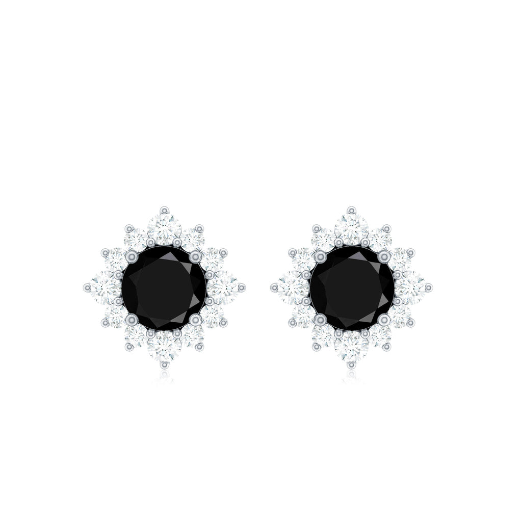 Black Onyx Stud Earrings – Diamond Halo Earrings | Classic Prong Setting Studs