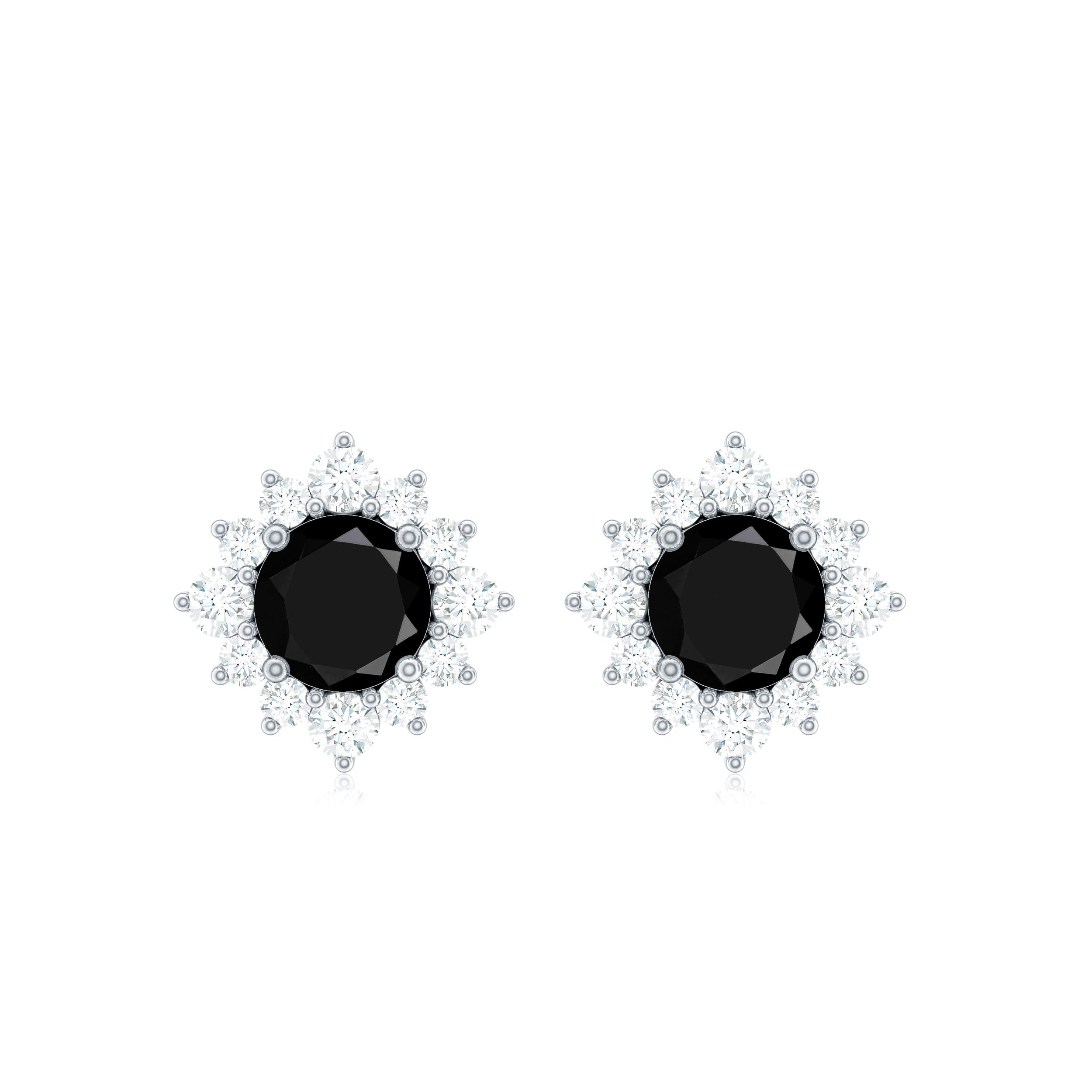 Black Onyx Stud Earrings – Diamond Halo Earrings | Classic Prong Setting Studs