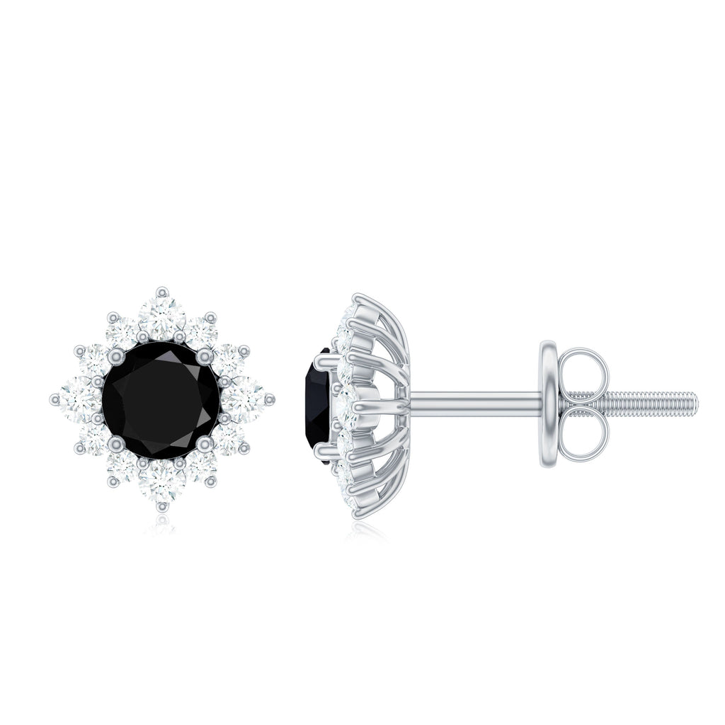Black Onyx Stud Earrings – Diamond Halo Earrings | Classic Prong Setting Studs