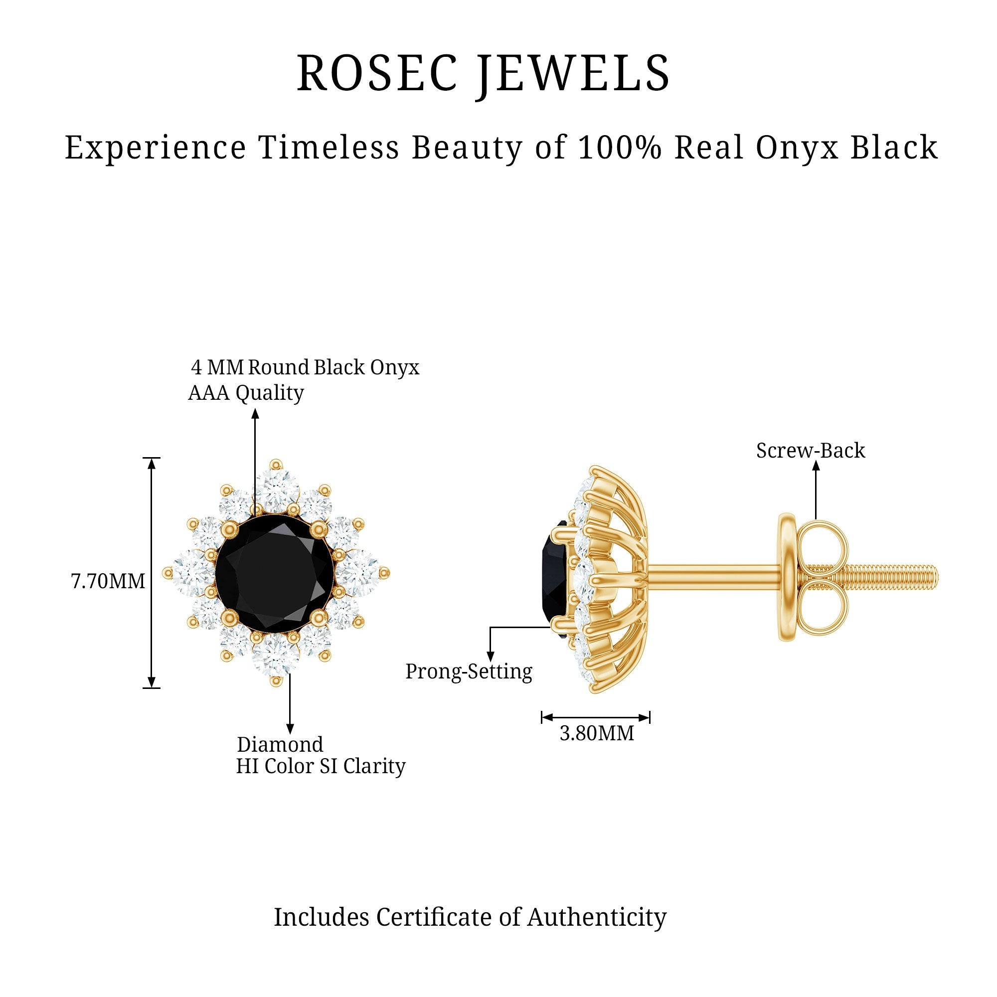 Black Onyx Stud Earrings – Diamond Halo Earrings | Classic Prong Setting Studs