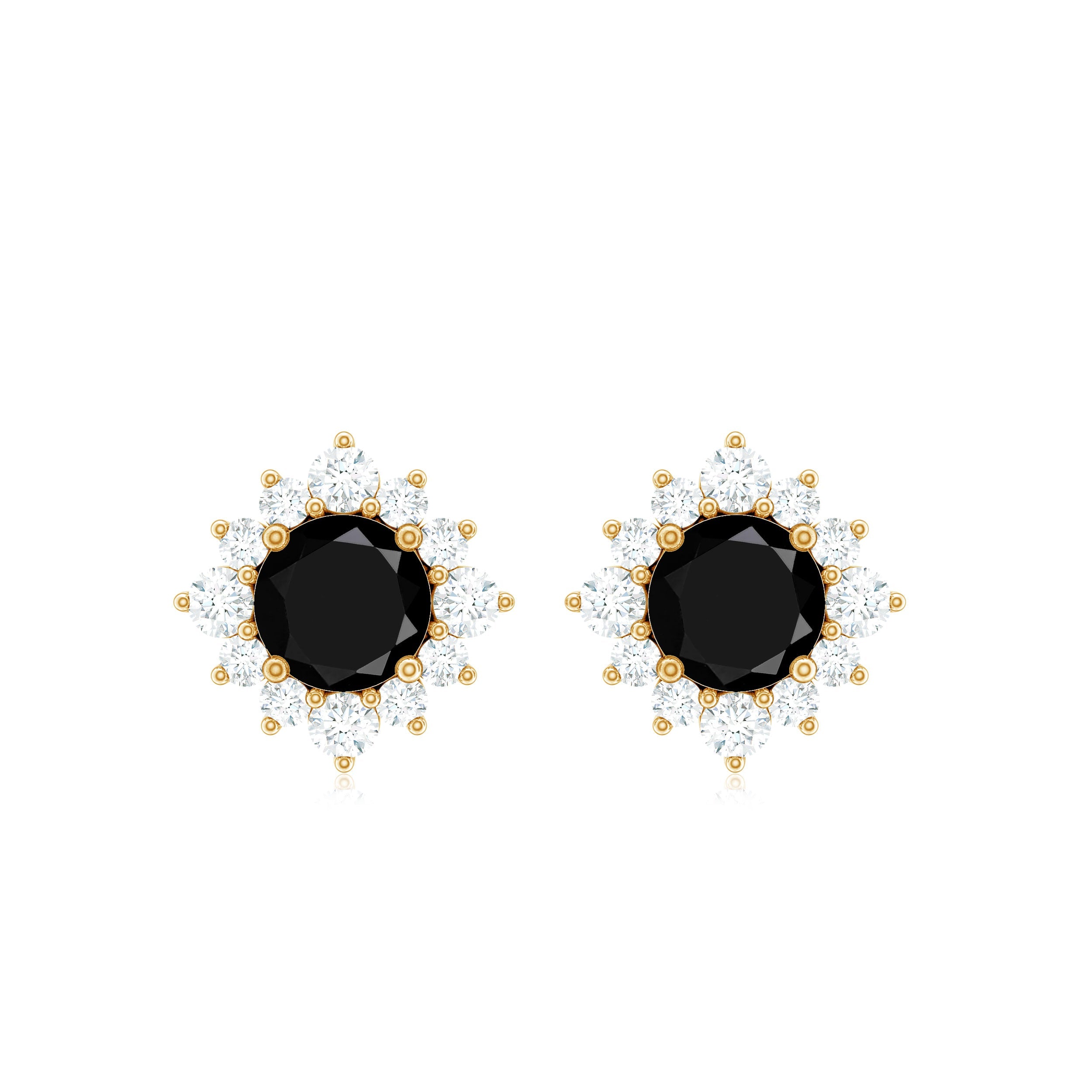 Black Onyx Stud Earrings – Diamond Halo Earrings | Classic Prong Setting Studs