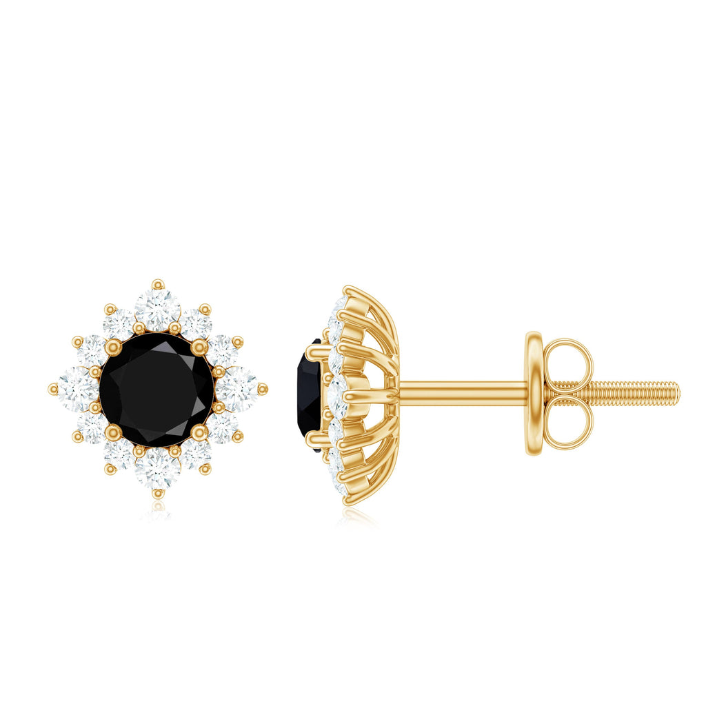 Black Onyx Stud Earrings – Diamond Halo Earrings | Classic Prong Setting Studs