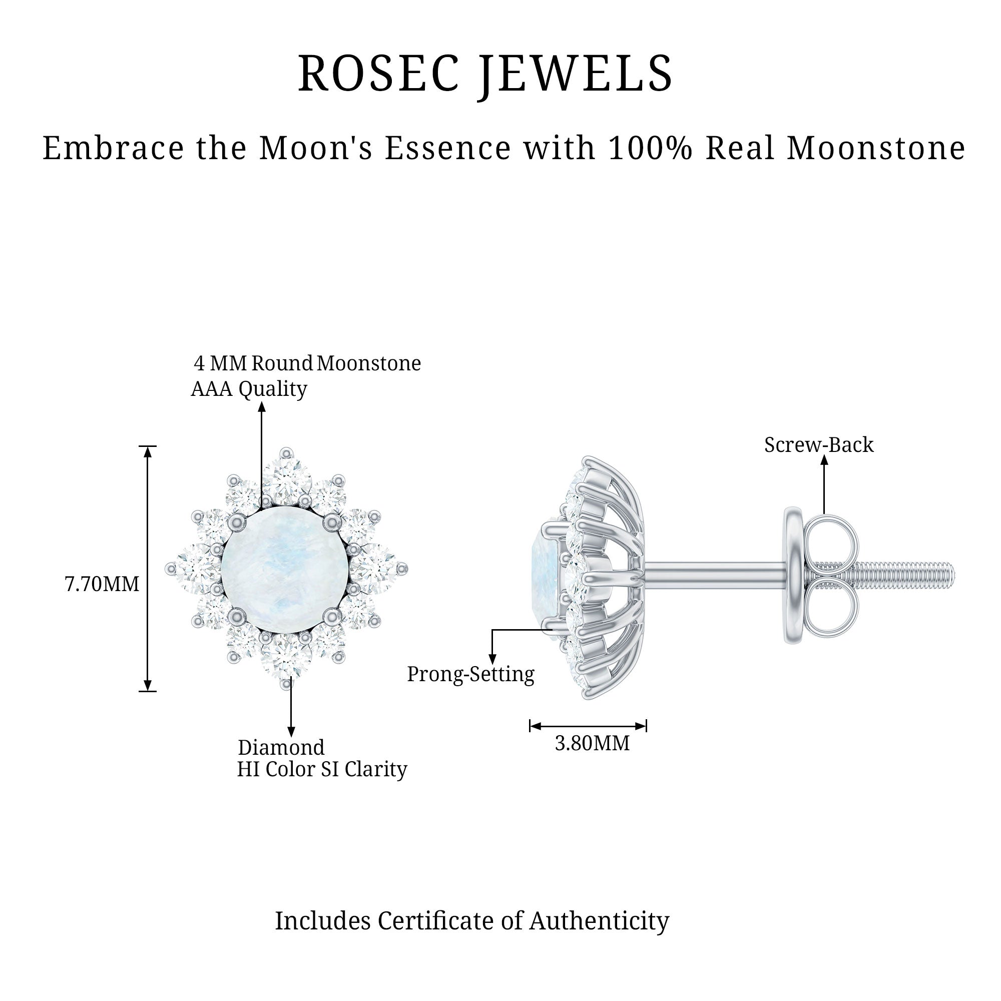 Moonstone Stud Earrings – Classic Diamond Halo Earrings With AAA Quality Gemstone
