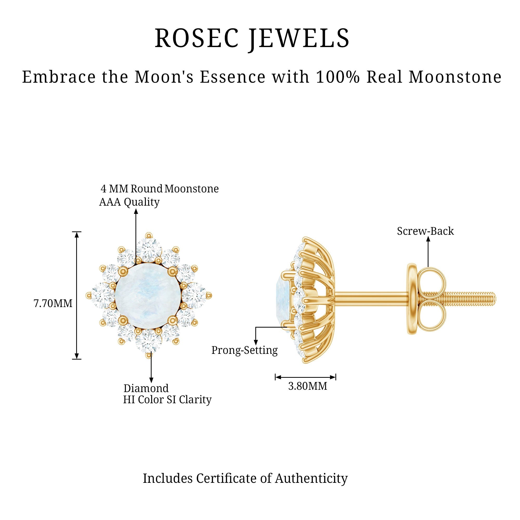 Moonstone Stud Earrings – Classic Diamond Halo Earrings With AAA Quality Gemstone