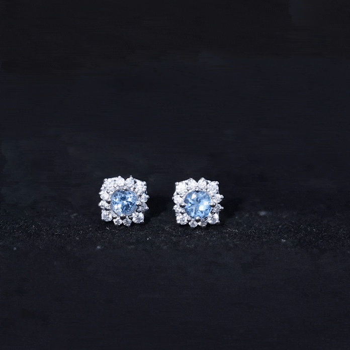 Aquamarine Stud Earrings – Diamond Halo Design with AAA Quality Gemstones