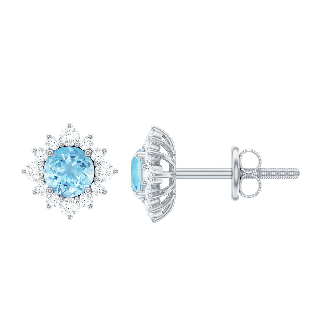 Aquamarine Stud Earrings – Diamond Halo Design with AAA Quality Gemstones