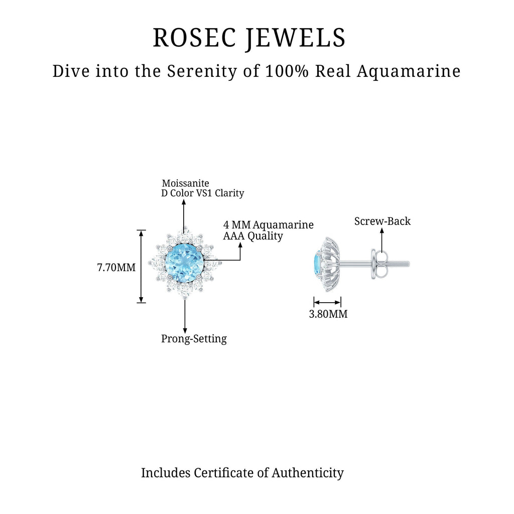 Aquamarine Stud Earrings – Diamond Halo Design with AAA Quality Gemstones