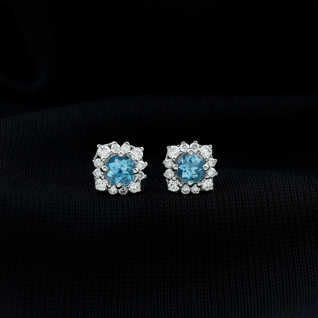 Aquamarine Stud Earrings – Diamond Halo Design with AAA Quality Gemstones