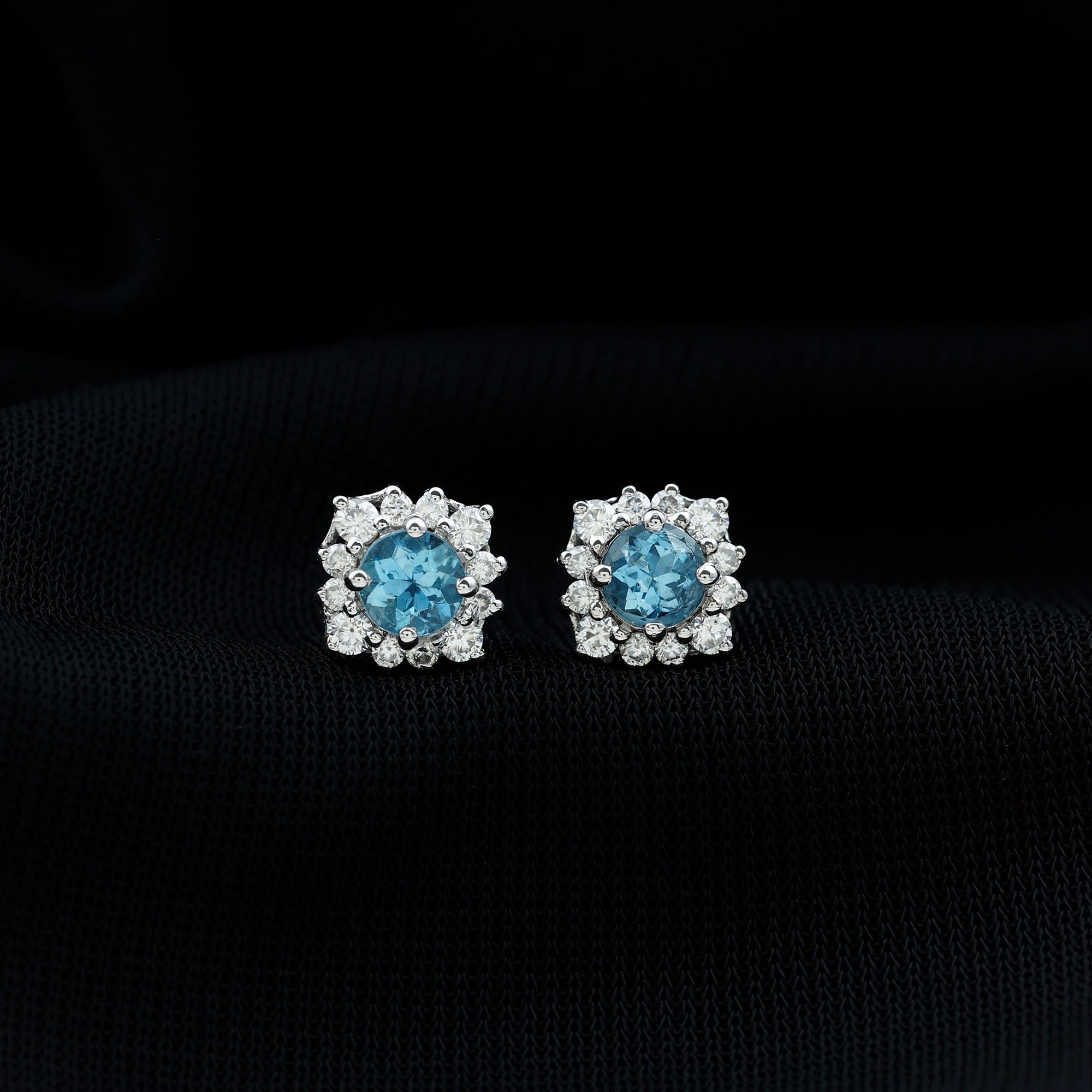 Aquamarine Stud Earrings – Diamond Halo Design with AAA Quality Gemstones
