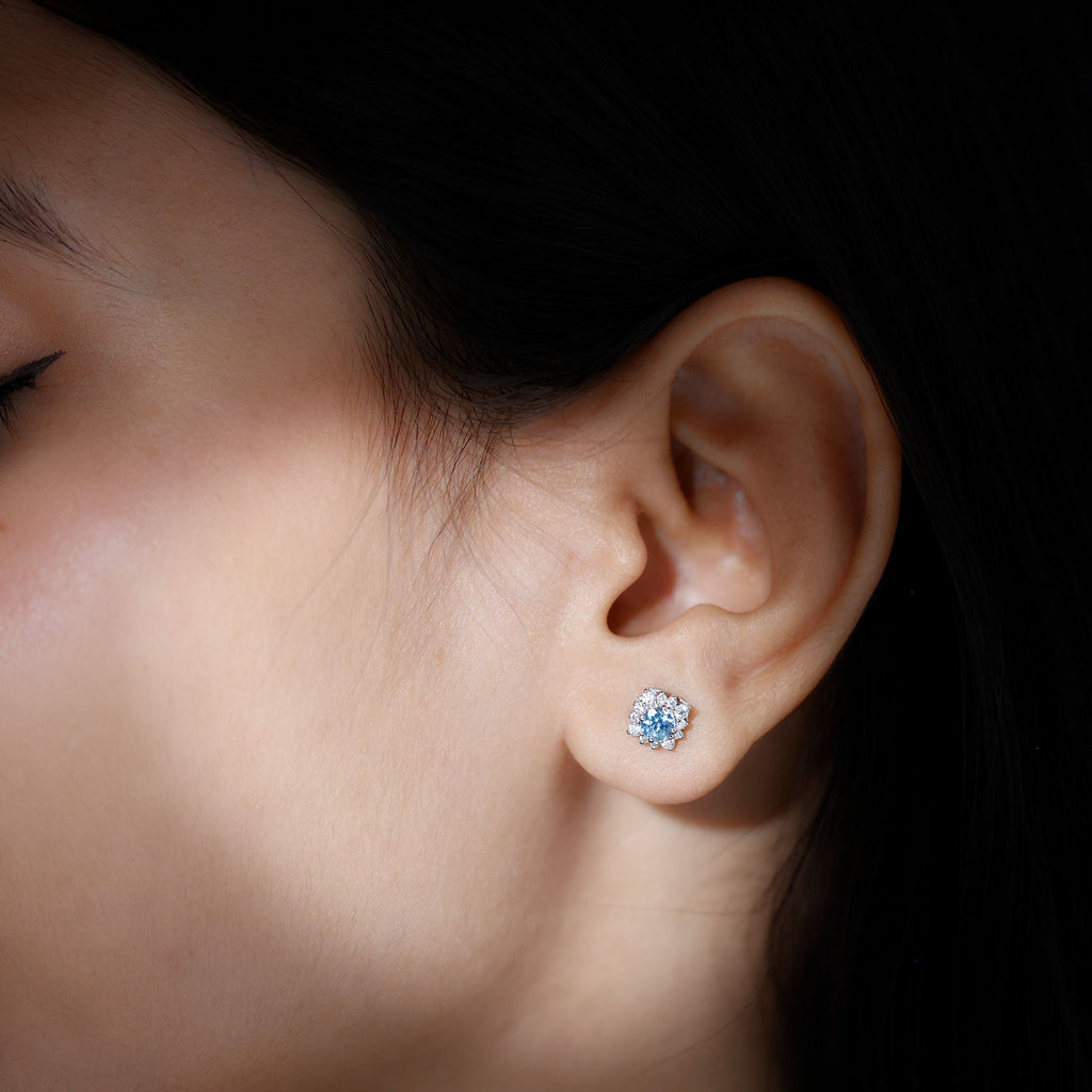 Aquamarine Stud Earrings – Diamond Halo Design with AAA Quality Gemstones