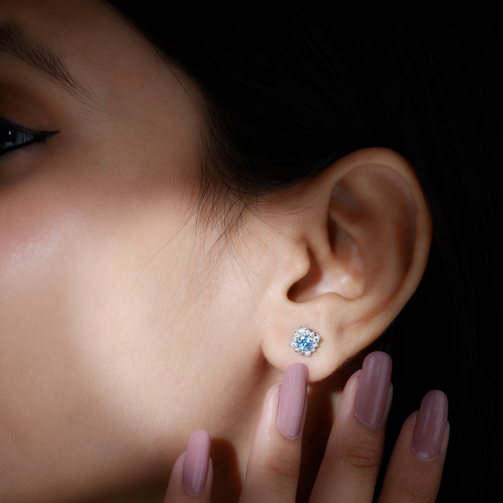 Aquamarine Stud Earrings – Diamond Halo Design with AAA Quality Gemstones