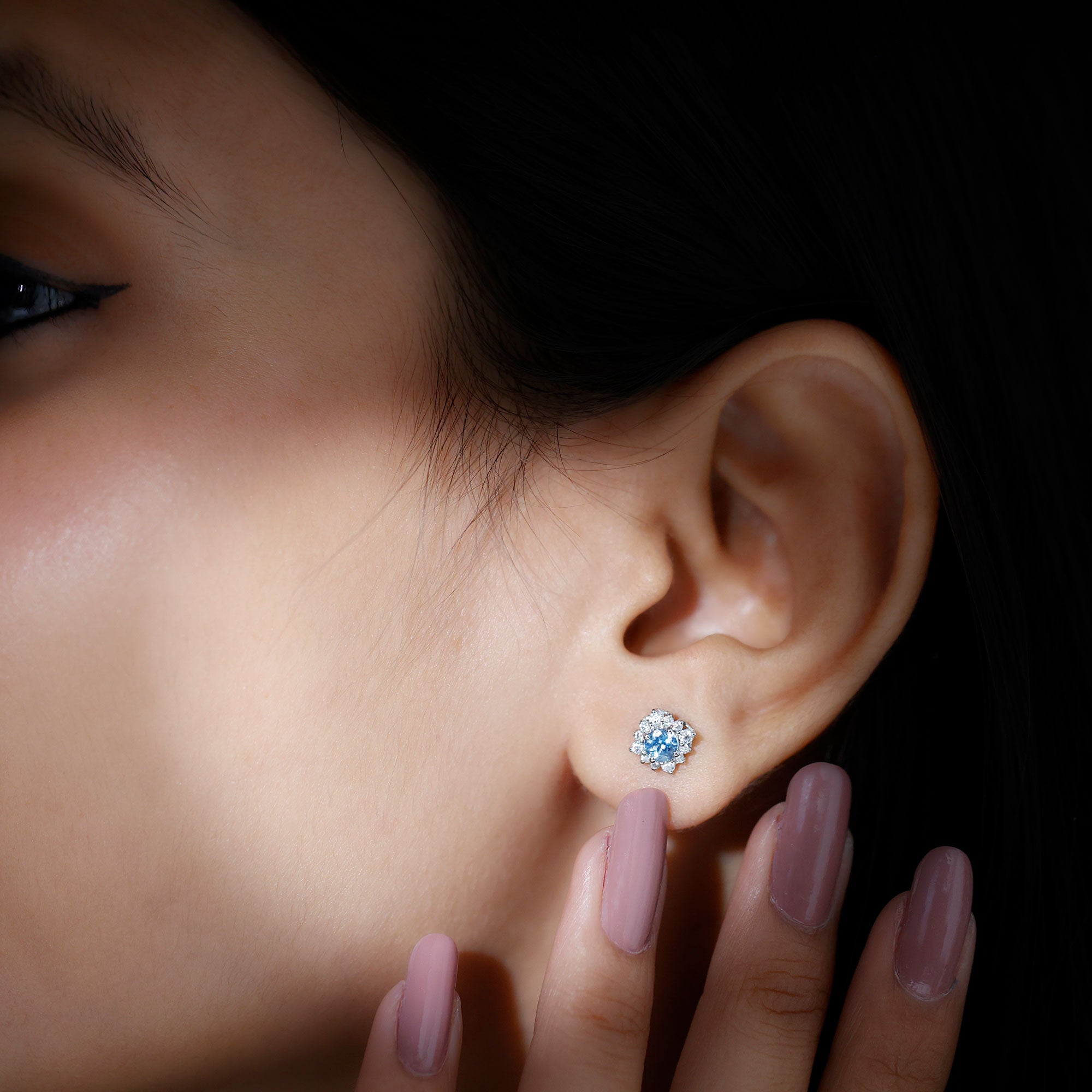 Aquamarine Stud Earrings – Diamond Halo Design with AAA Quality Gemstones