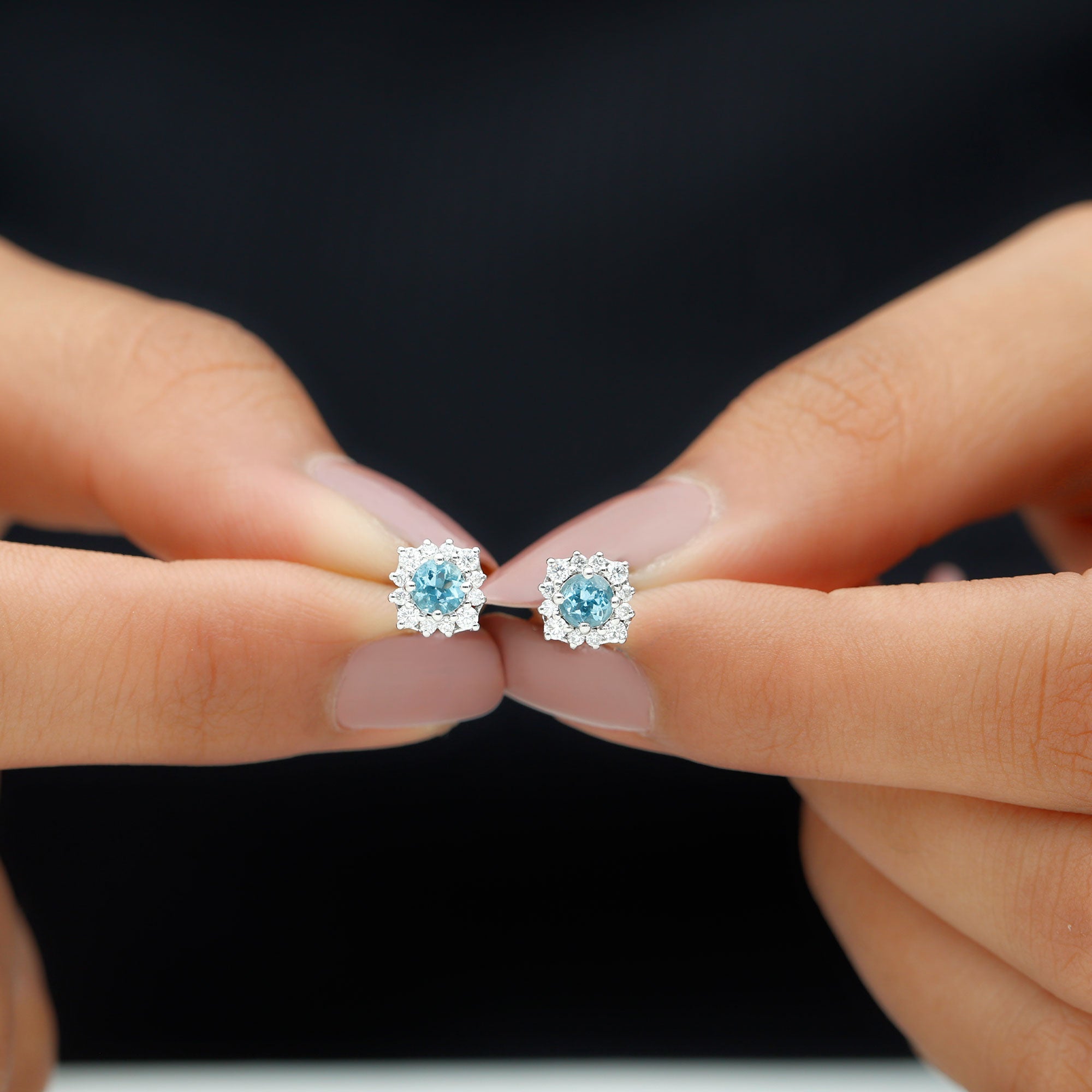 Aquamarine Stud Earrings – Diamond Halo Design with AAA Quality Gemstones