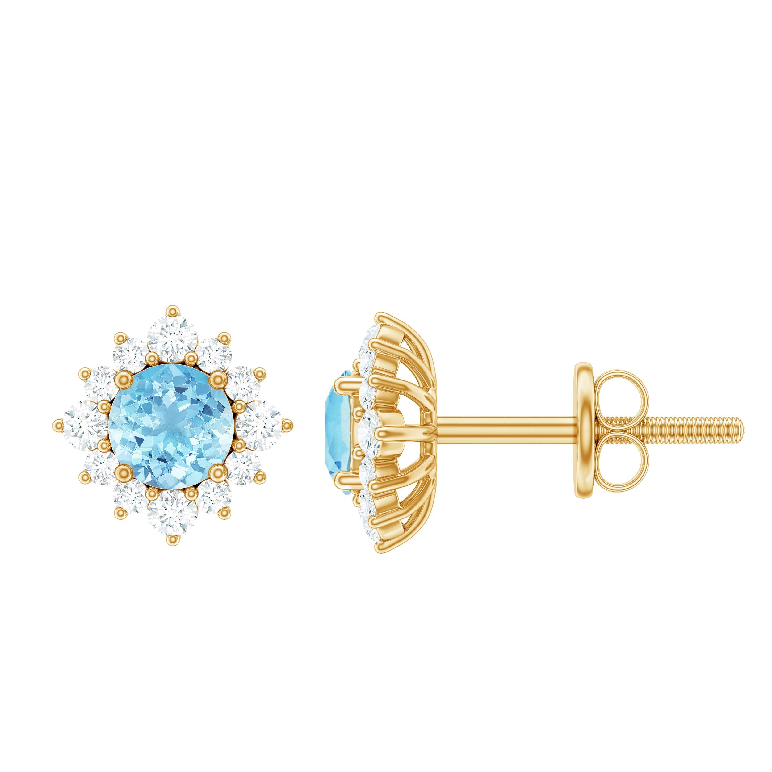 Aquamarine Stud Earrings – Diamond Halo Design with AAA Quality Gemstones