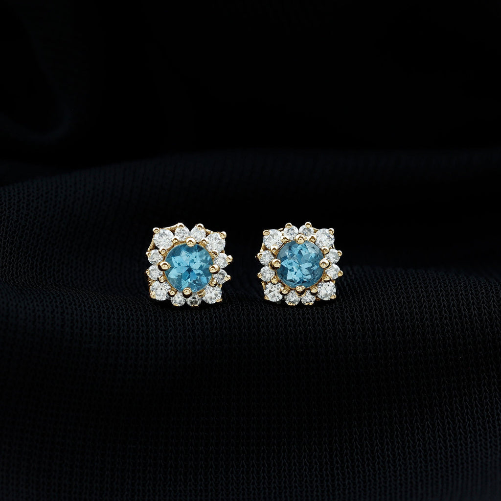 Aquamarine Stud Earrings – Diamond Halo Design with AAA Quality Gemstones