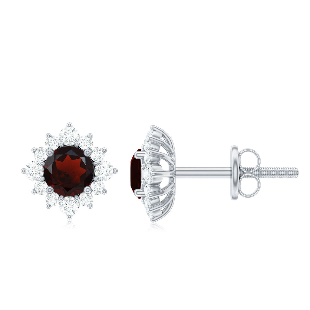 Garnet Stud Earrings - 0.6 Carat Classic Stud Earrings with Diamond Halo