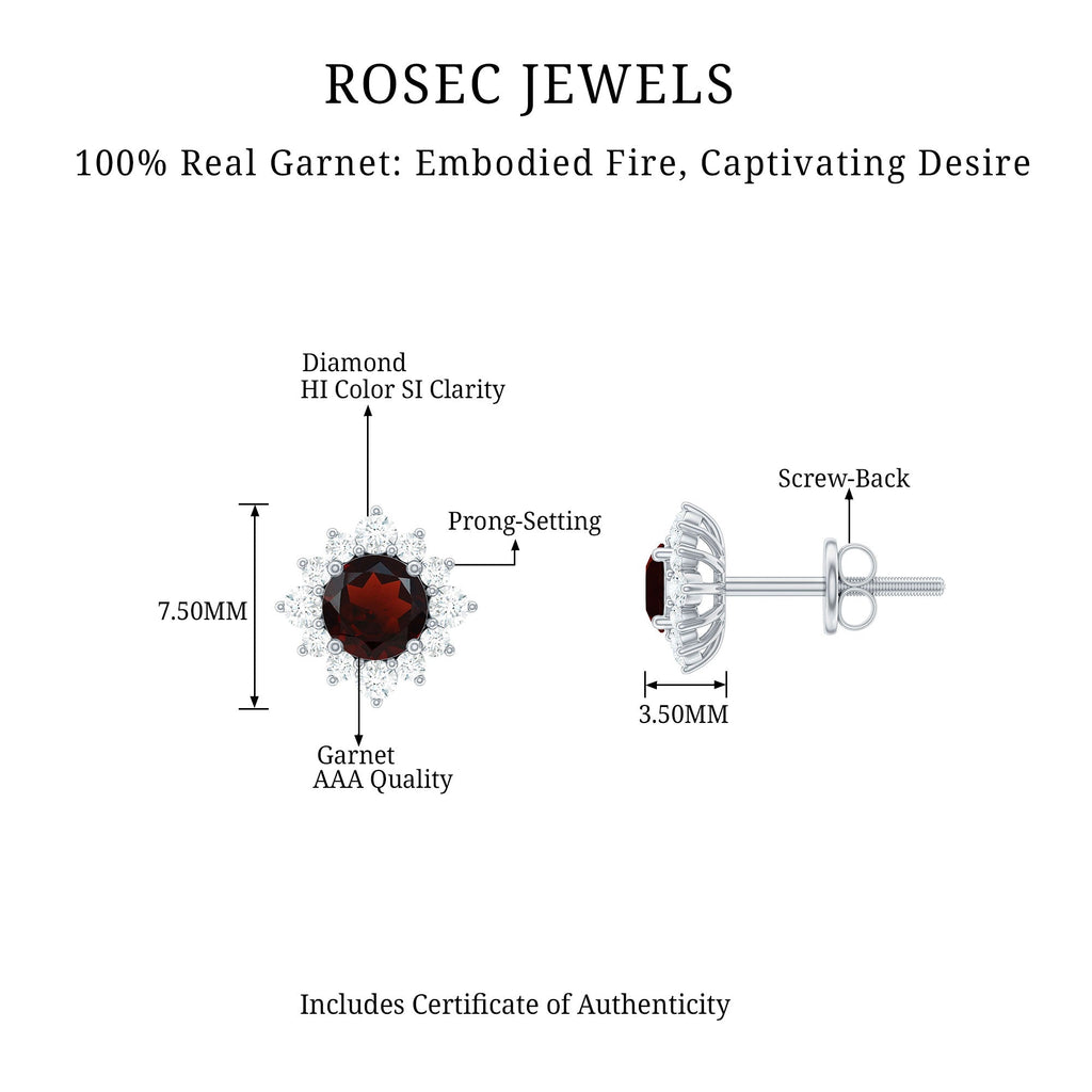Garnet Stud Earrings - 0.6 Carat Classic Stud Earrings with Diamond Halo