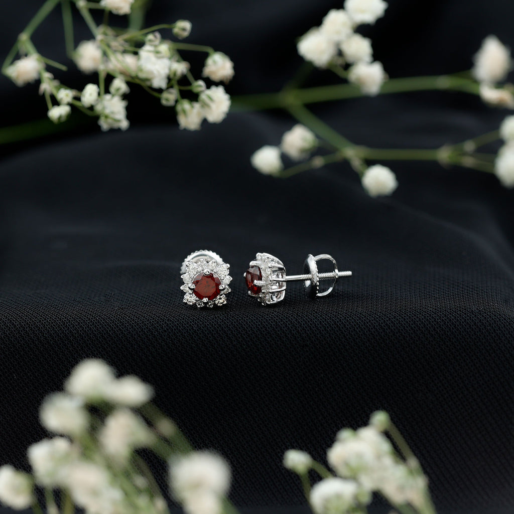 Garnet Stud Earrings - 0.6 Carat Classic Stud Earrings with Diamond Halo