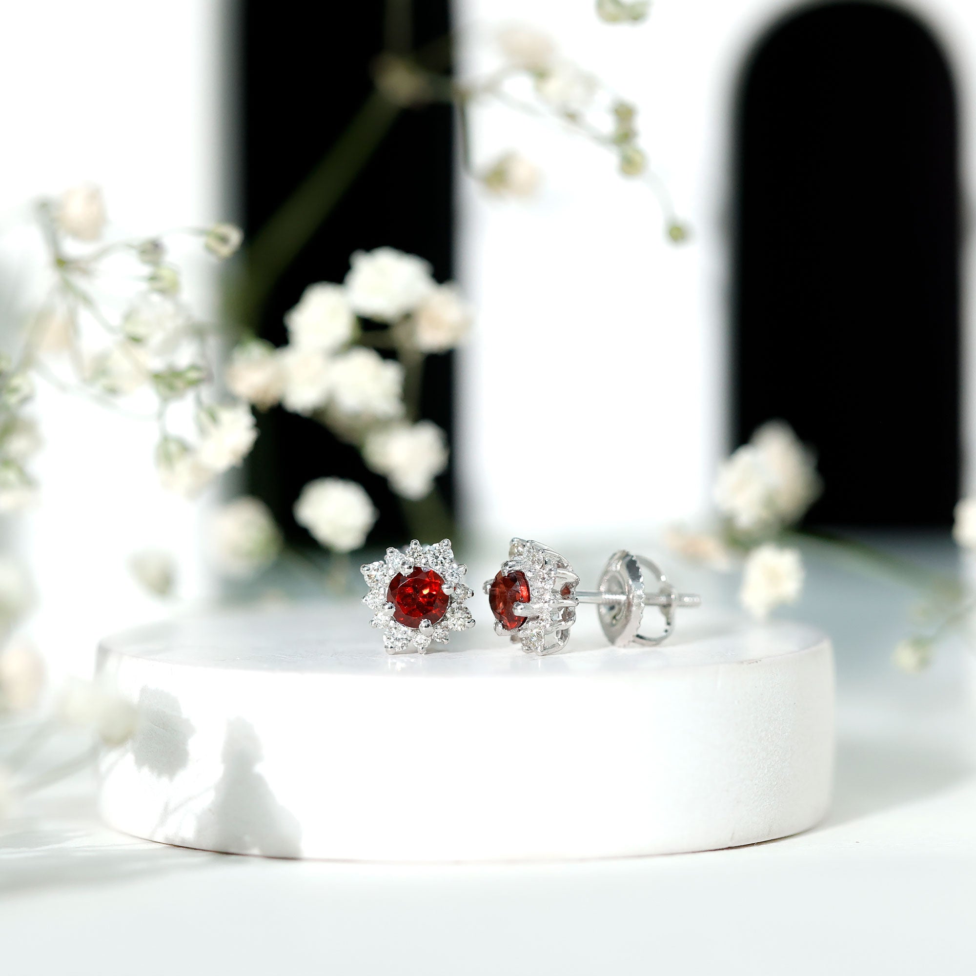 Garnet Stud Earrings - 0.6 Carat Classic Stud Earrings with Diamond Halo