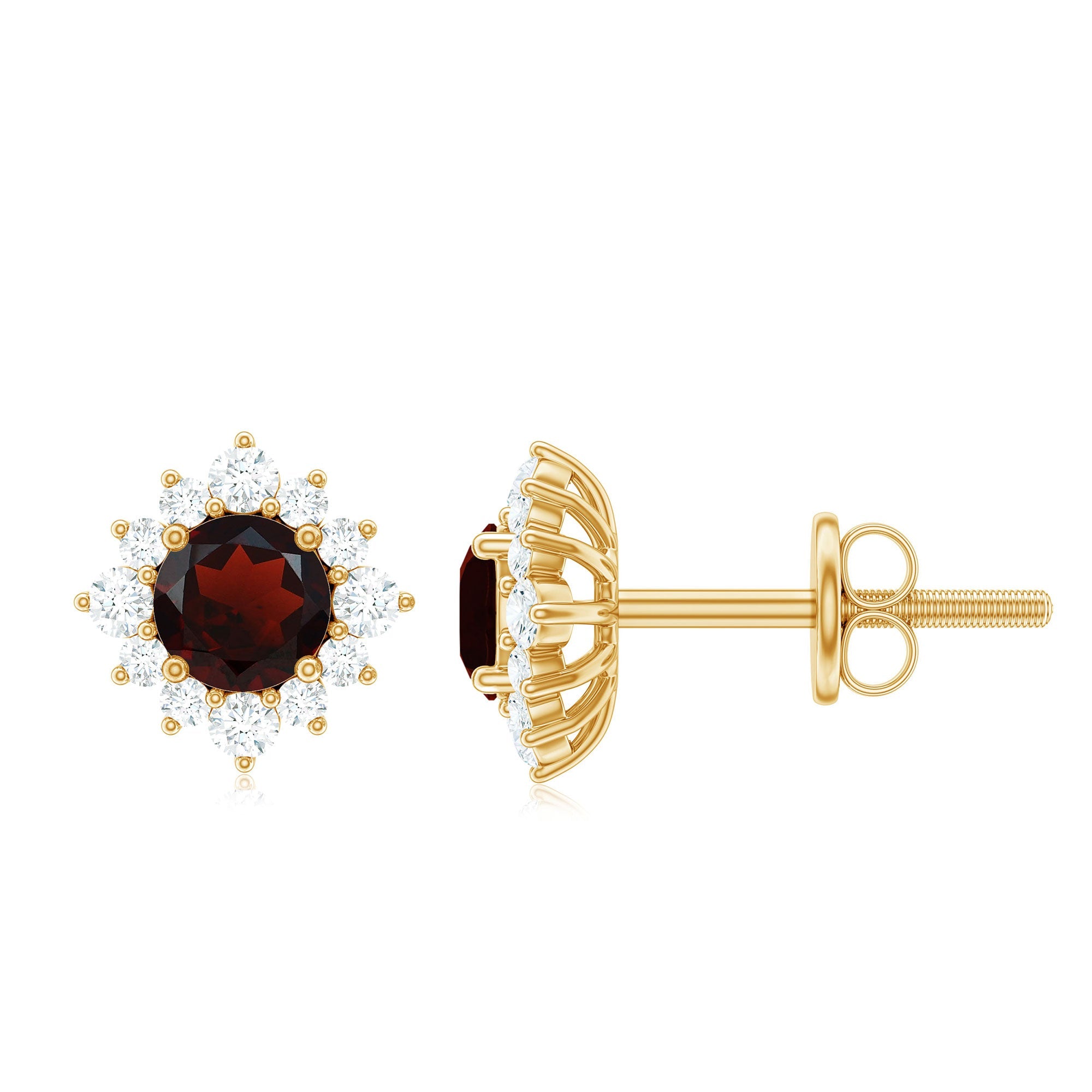 Garnet Stud Earrings - 0.6 Carat Classic Stud Earrings with Diamond Halo