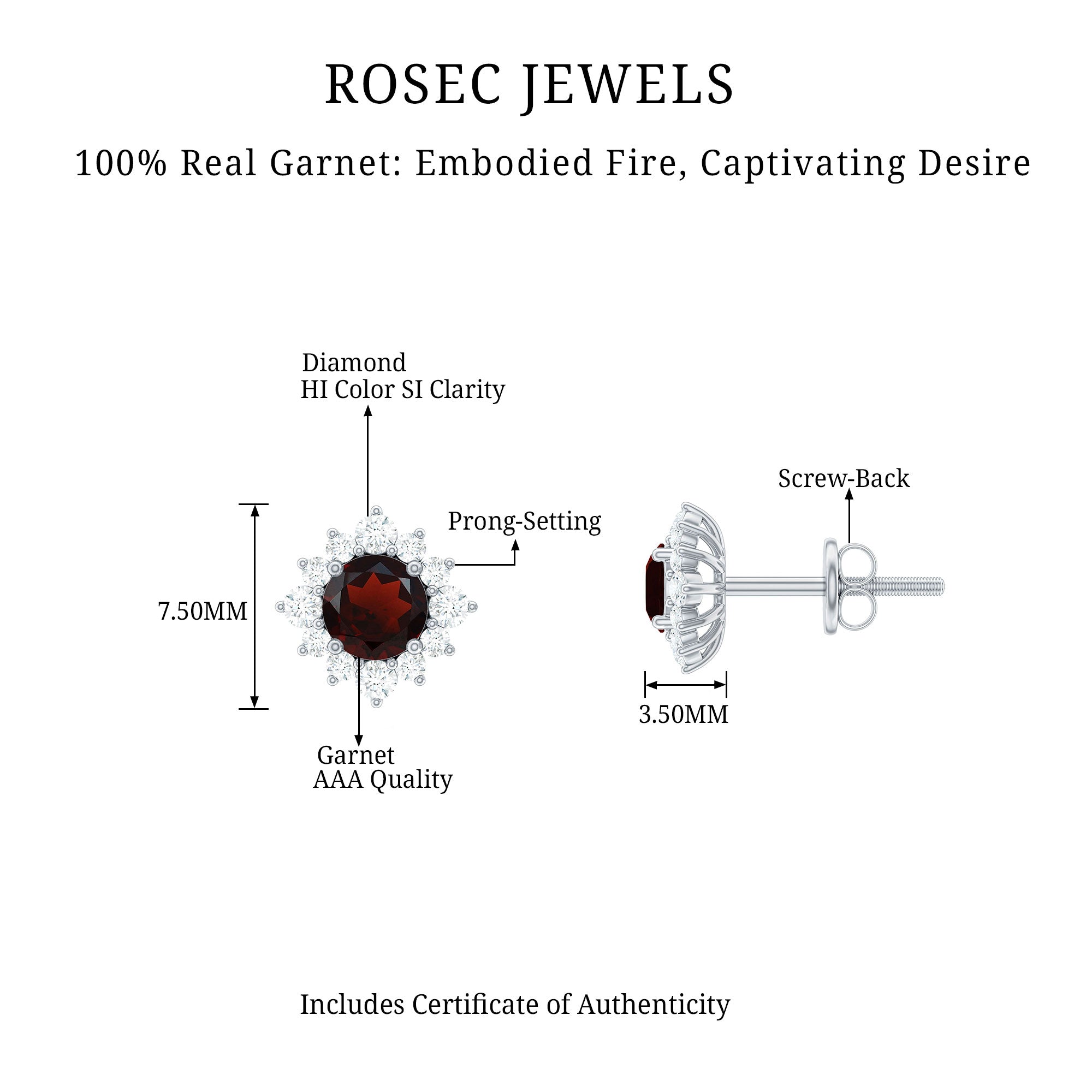Garnet Stud Earrings - 0.6 Carat Classic Stud Earrings with Diamond Halo
