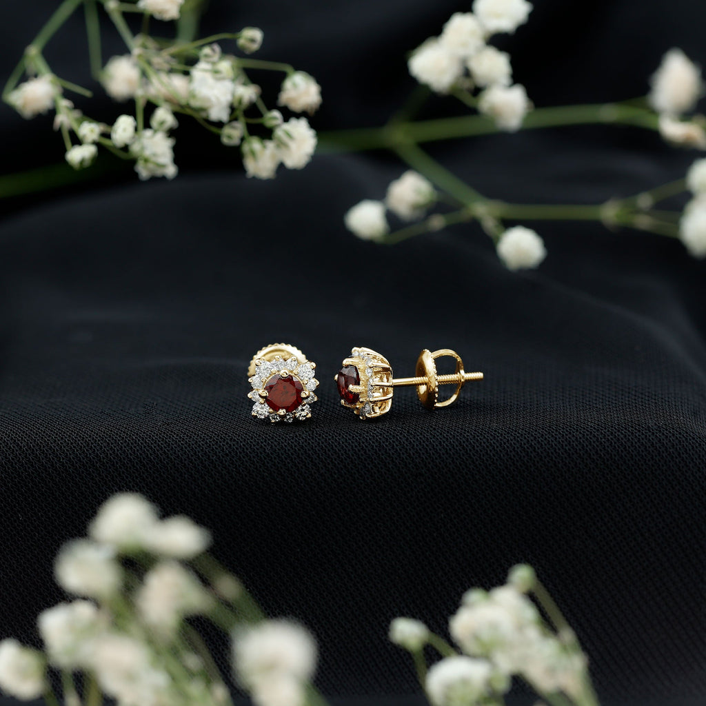 Garnet Stud Earrings - 0.6 Carat Classic Stud Earrings with Diamond Halo