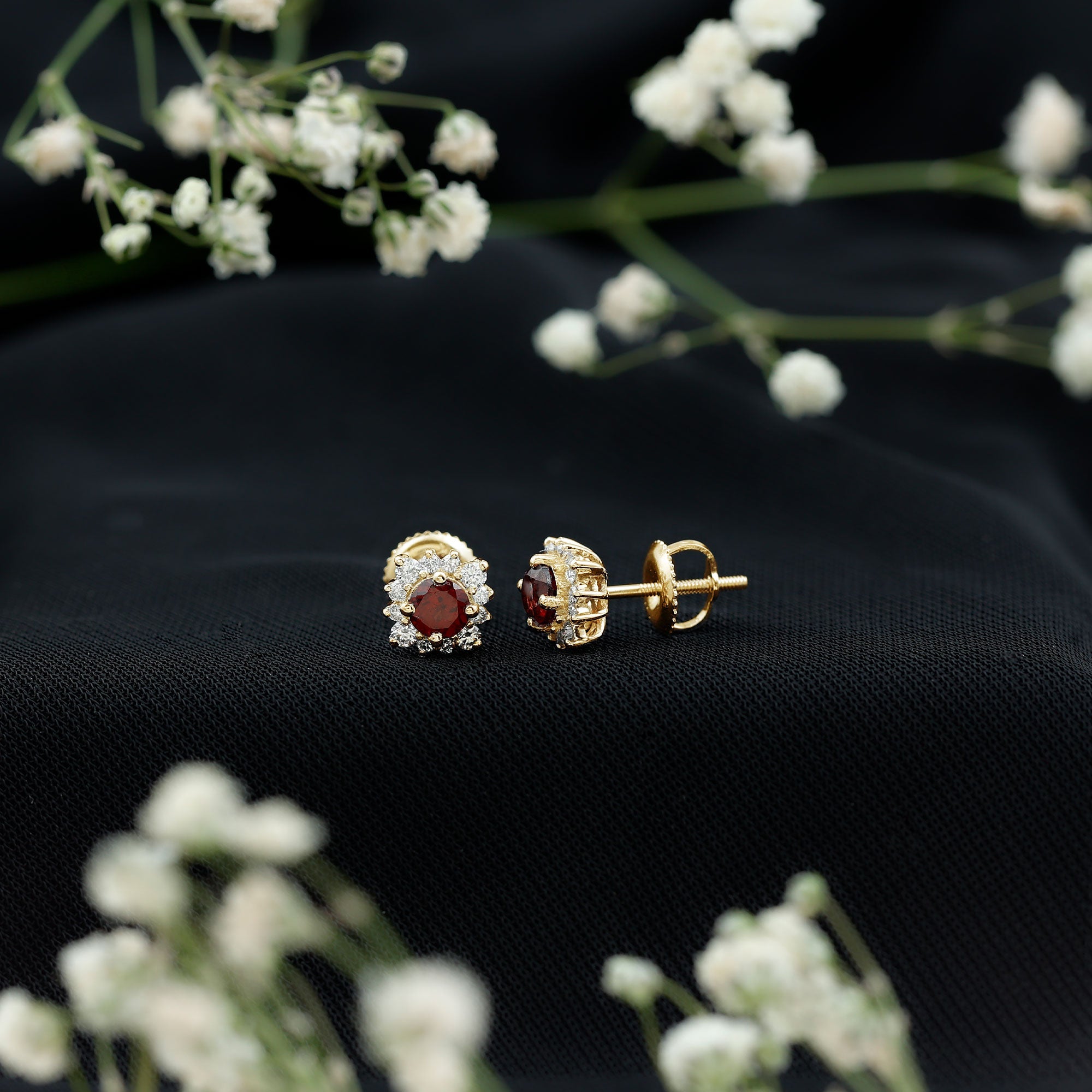 Garnet Stud Earrings - 0.6 Carat Classic Stud Earrings with Diamond Halo