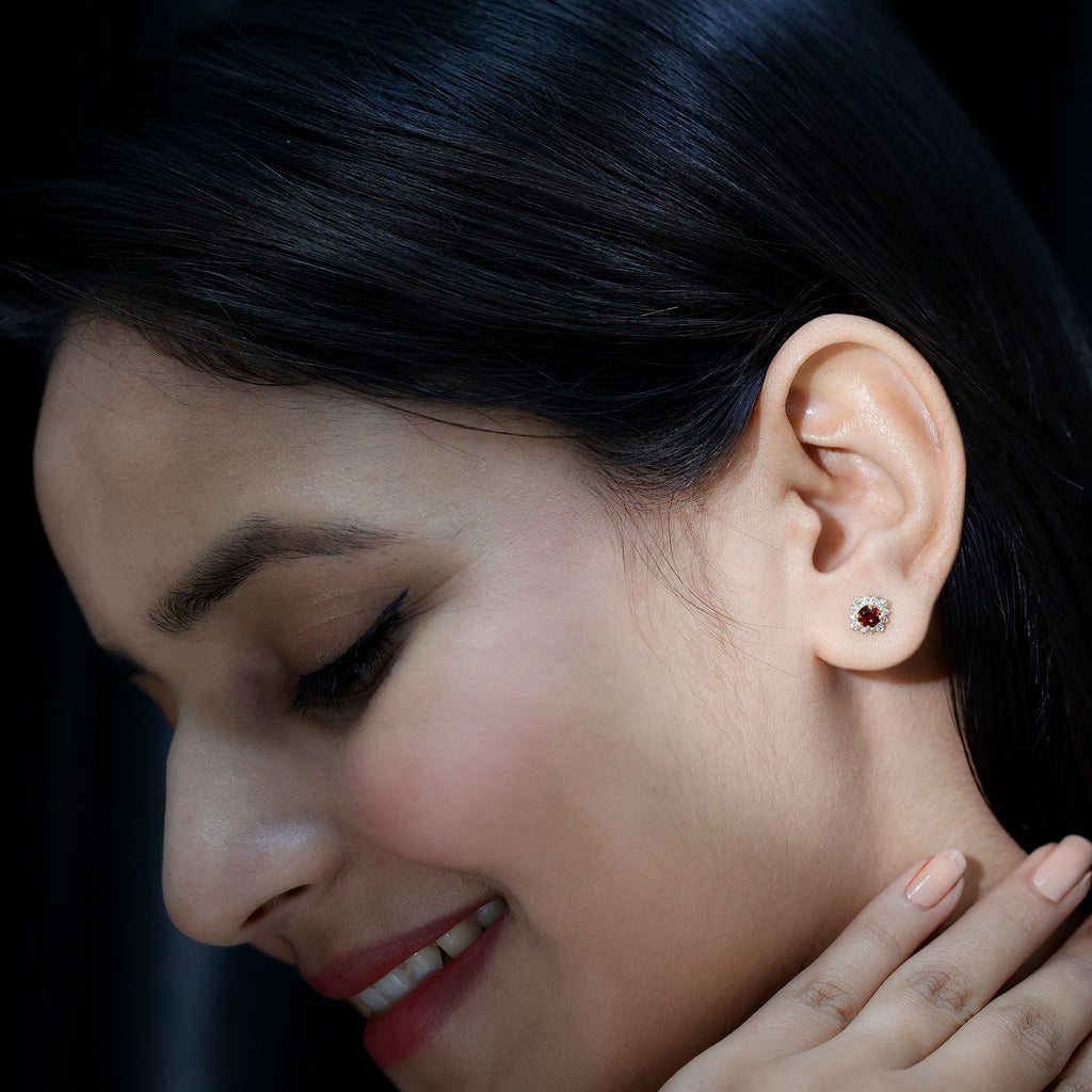 Garnet Stud Earrings - 0.6 Carat Classic Stud Earrings with Diamond Halo